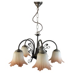 Magnifique lustre à cinq lumières en métal tole et abat-jour en verre, Massive Lighting, années 1970