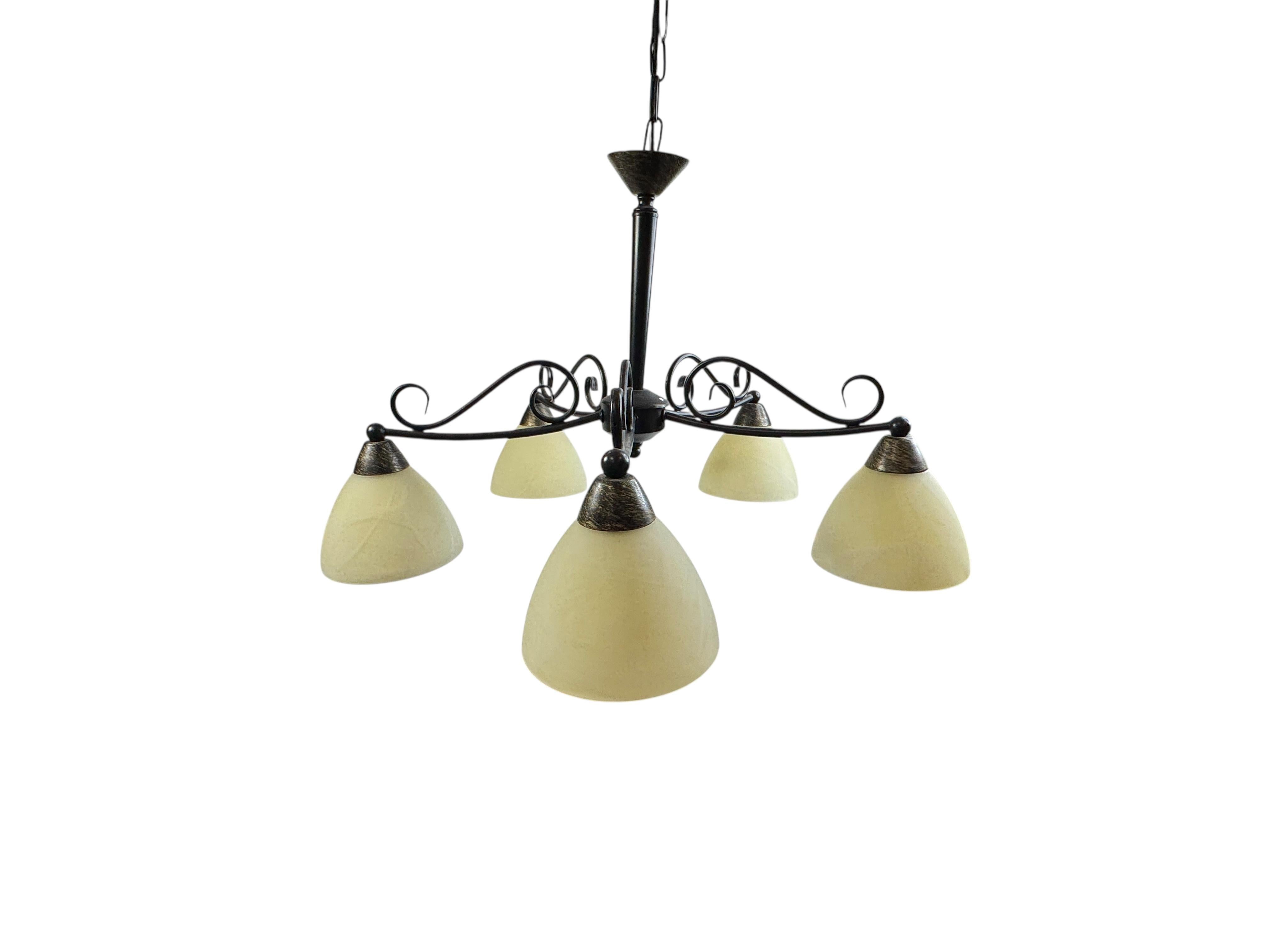 Preciosa araña de granja de cinco luces con pantalla de vidrio y metal tole, años 70 en venta 7