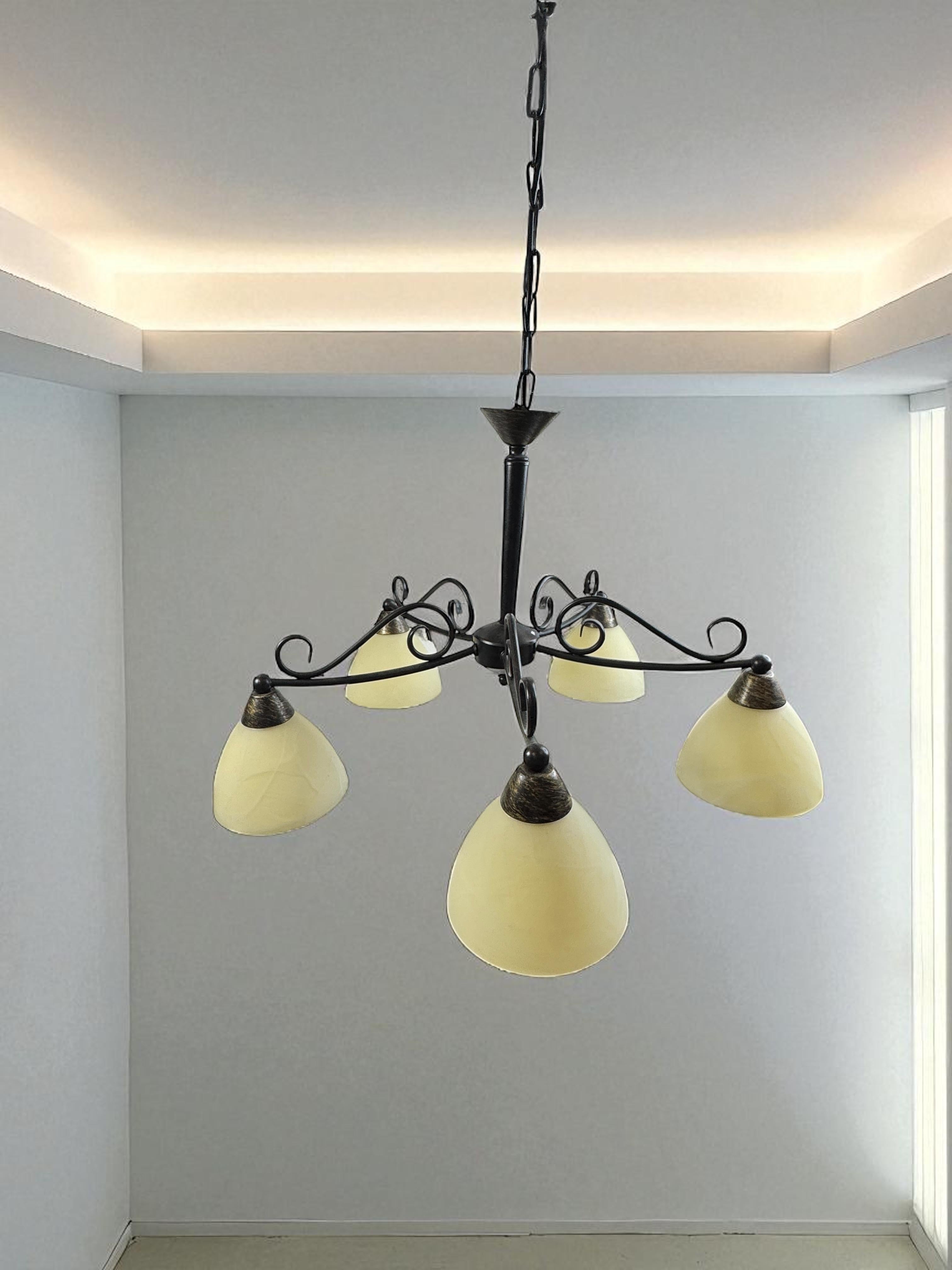 Preciosa araña de granja de cinco luces con pantalla de vidrio y metal tole, años 70 en venta 12