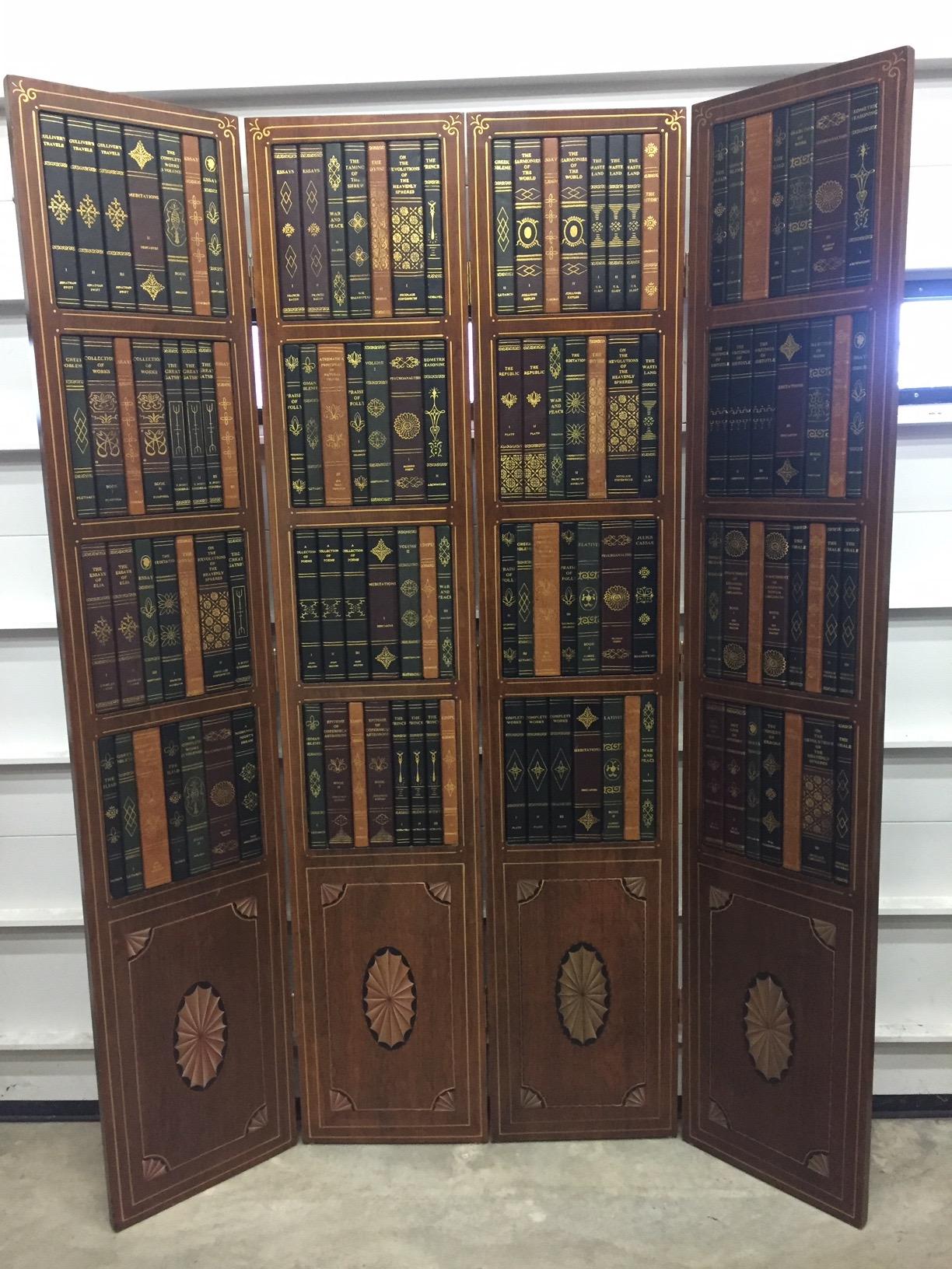 Gorgeous Tooled Leather and Wood Tromp l'oeil Book Motife Screen Room Divider 4