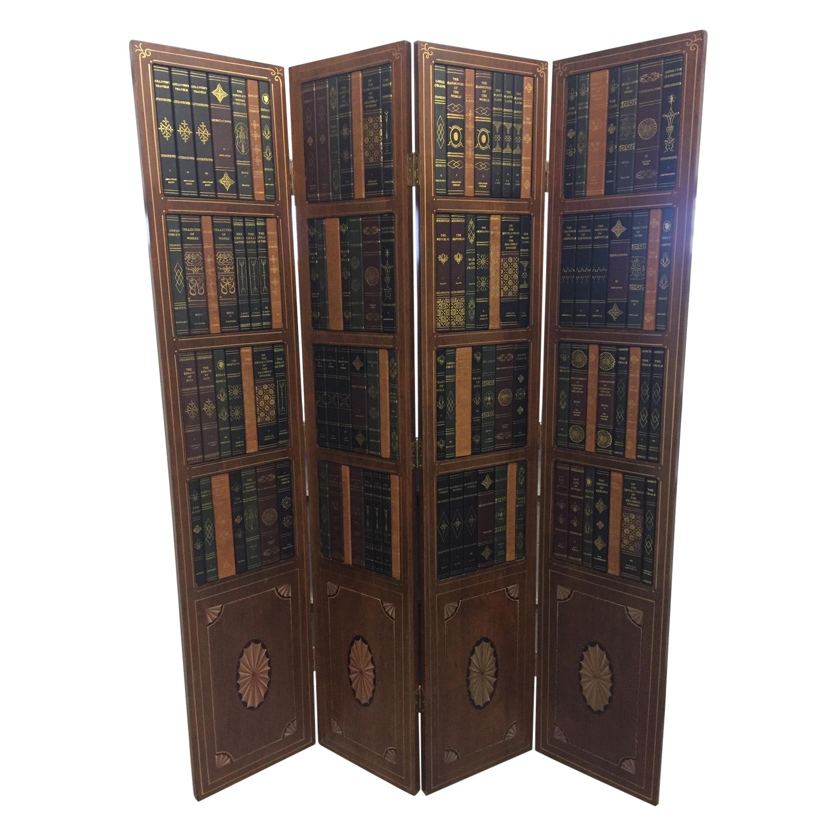 Gorgeous Tooled Leather and Wood Tromp l'oeil Book Motife Screen Room Divider