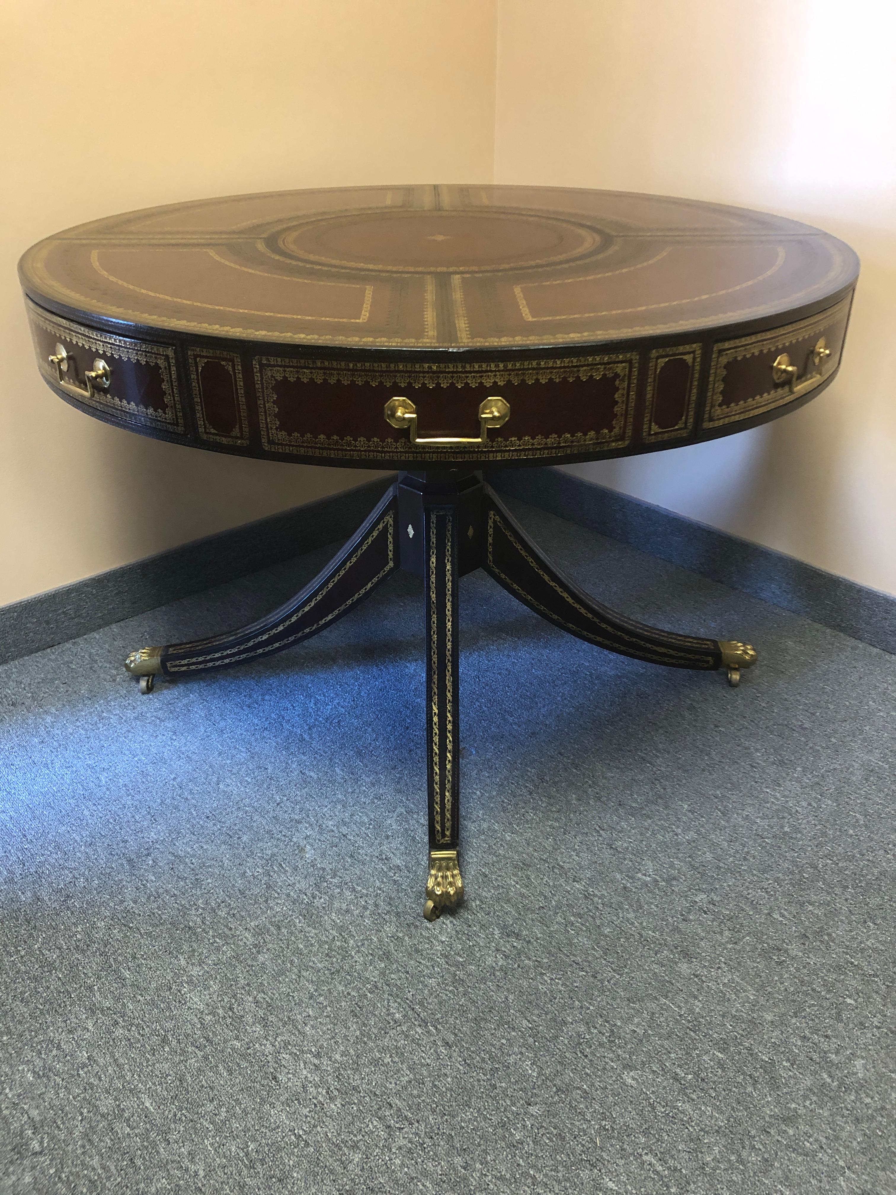 Gorgeous Tooled Leather Wrapped Mahogany Center Table by Maitland Smith 4