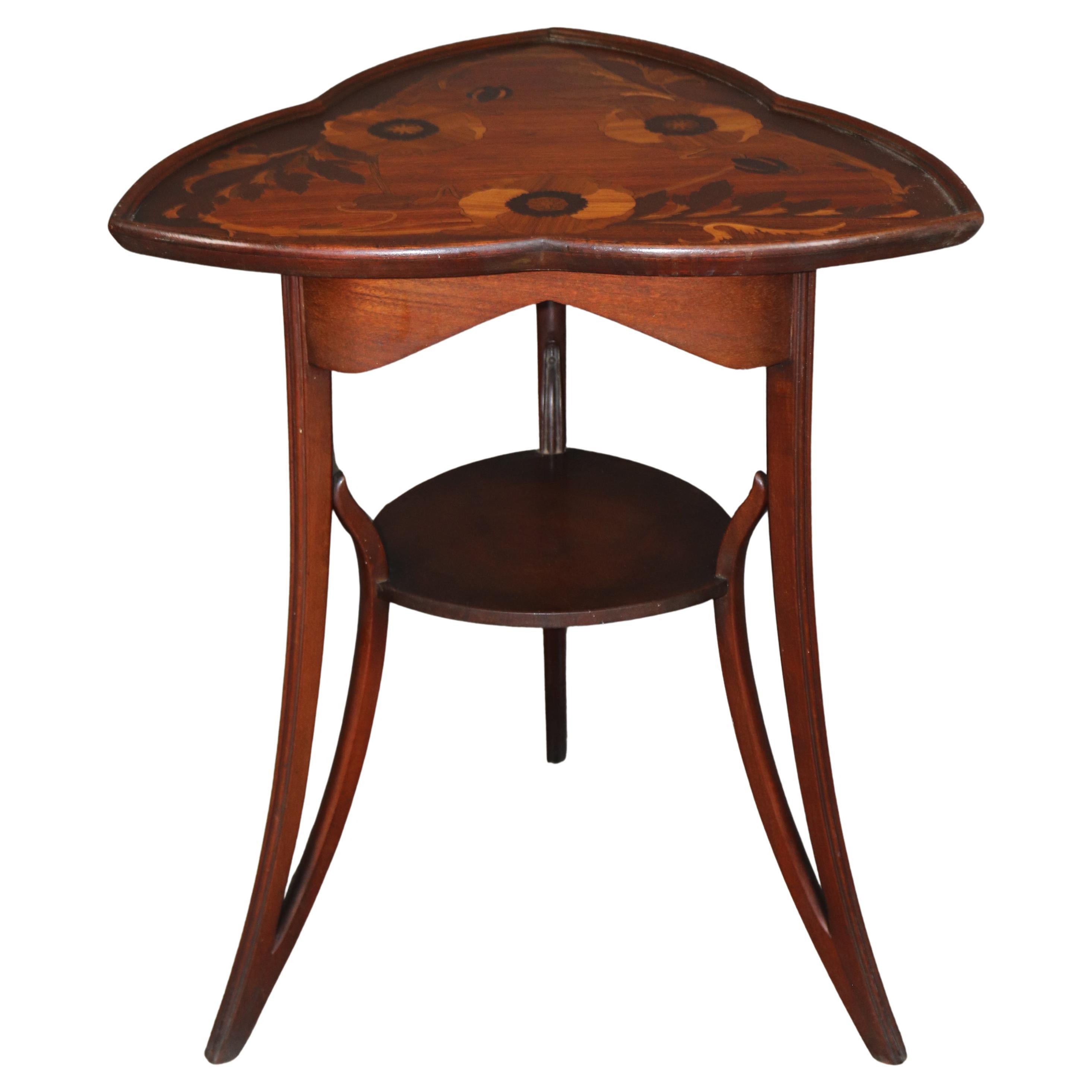 Gorgeous Trifoil Shape Top French Art Nouveau Mixed Woods End Table manner Galle