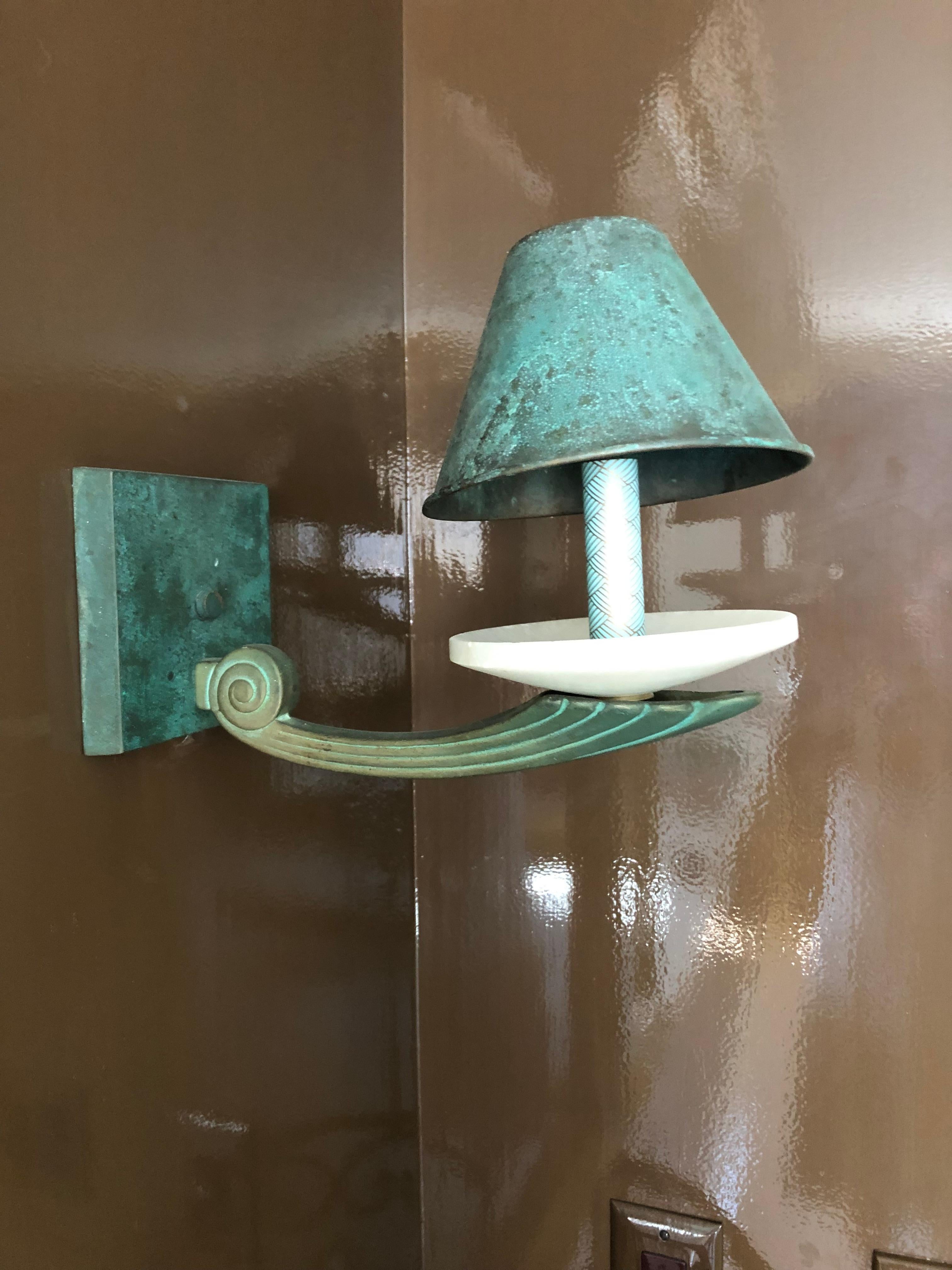 Gorgeous Turquoise Patinated Copper and Alabaster Wall Sconce For Sale 3