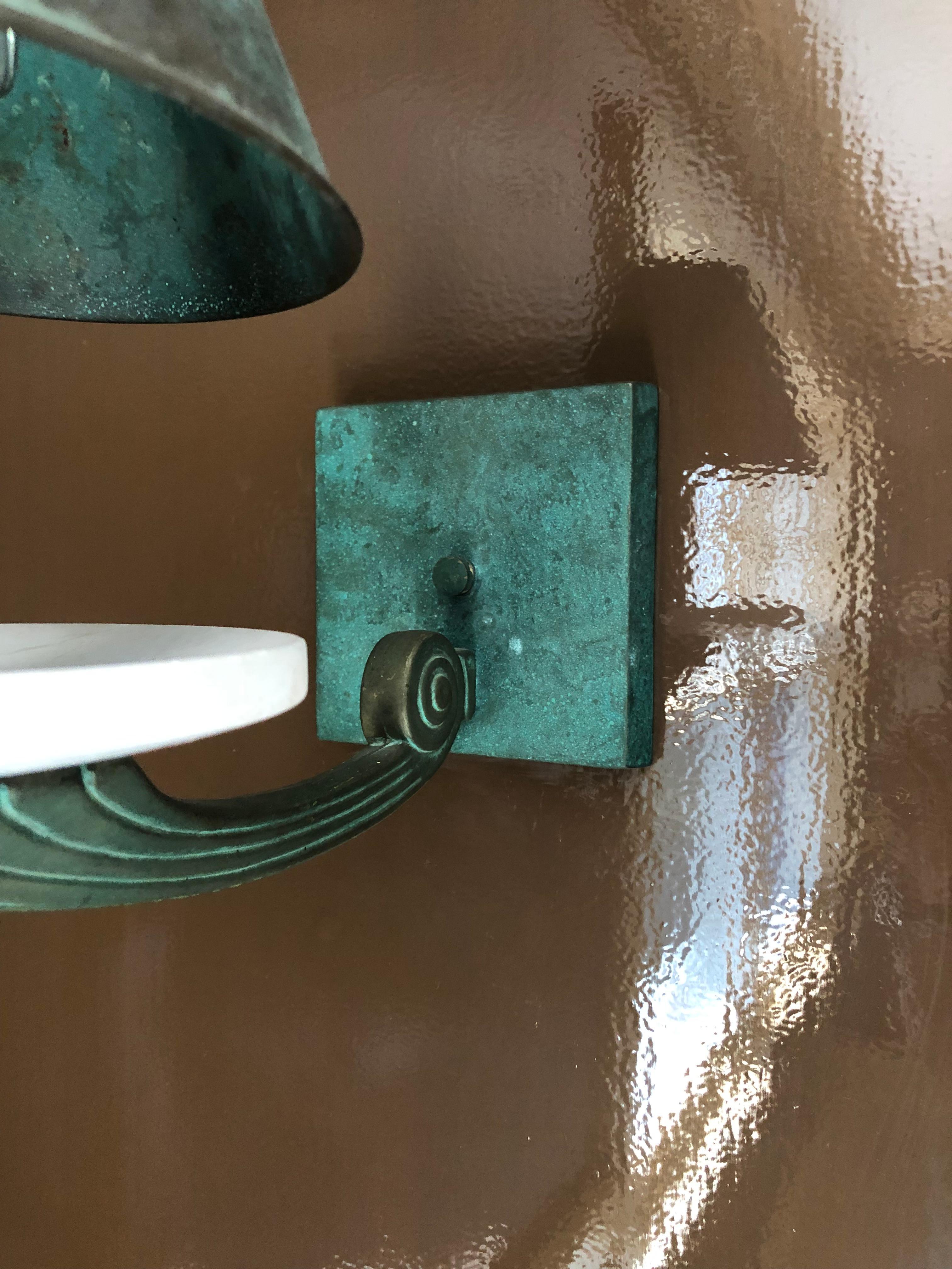 North American Gorgeous Turquoise Patinated Copper and Alabaster Wall Sconce For Sale