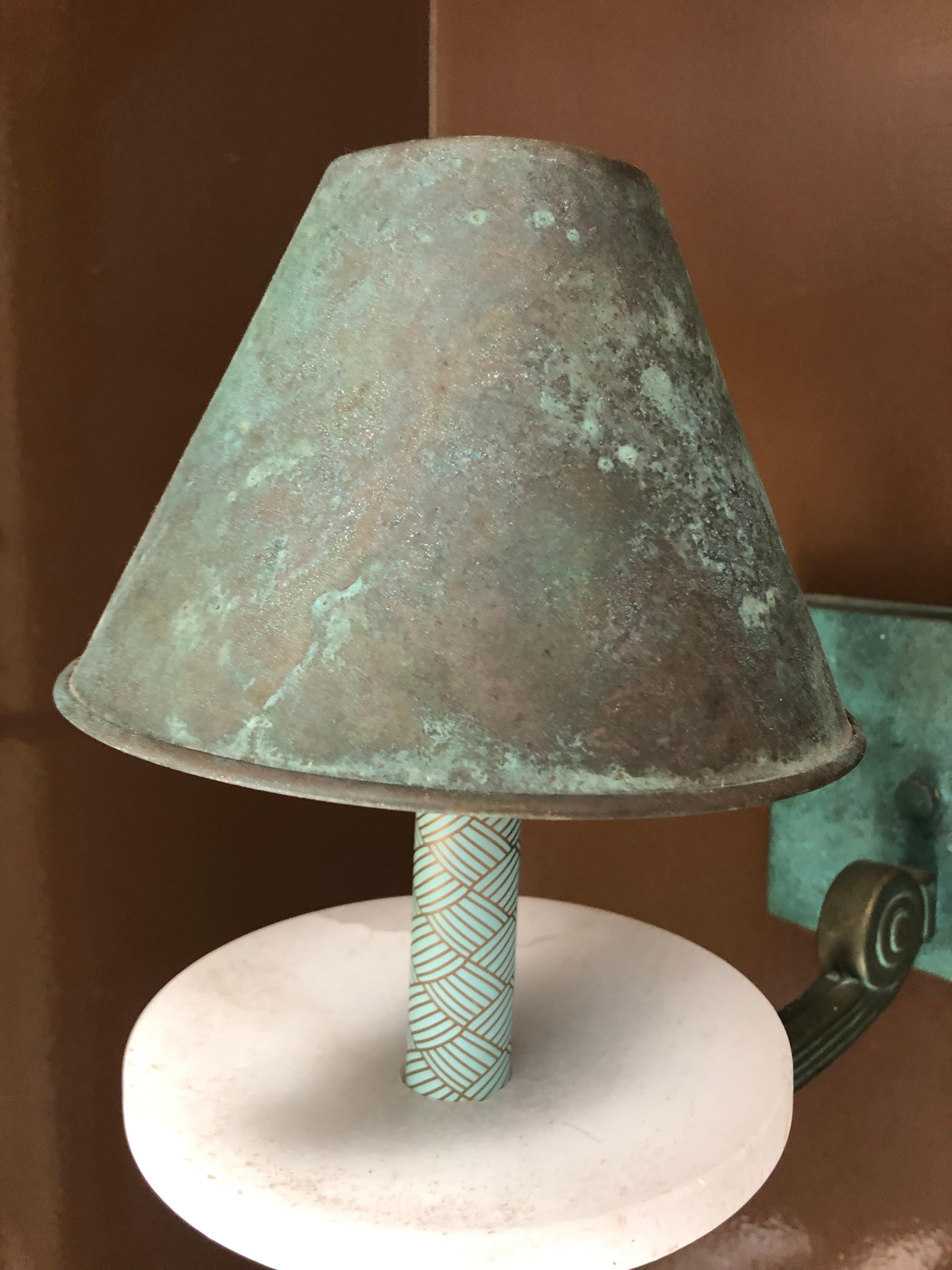 Contemporary Gorgeous Turquoise Patinated Copper and Alabaster Wall Sconce For Sale
