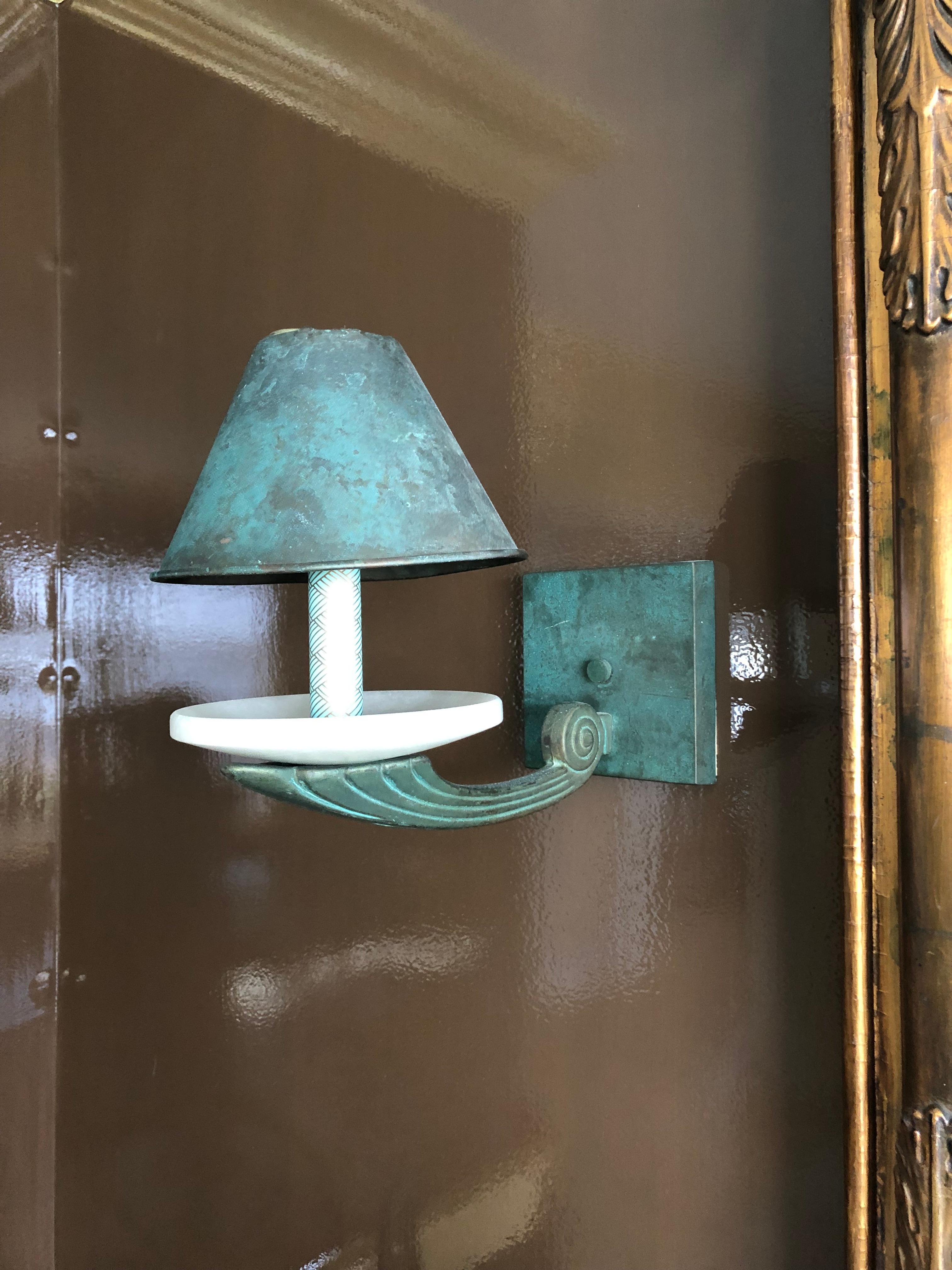 Gorgeous Turquoise Patinated Copper and Alabaster Wall Sconce For Sale 1