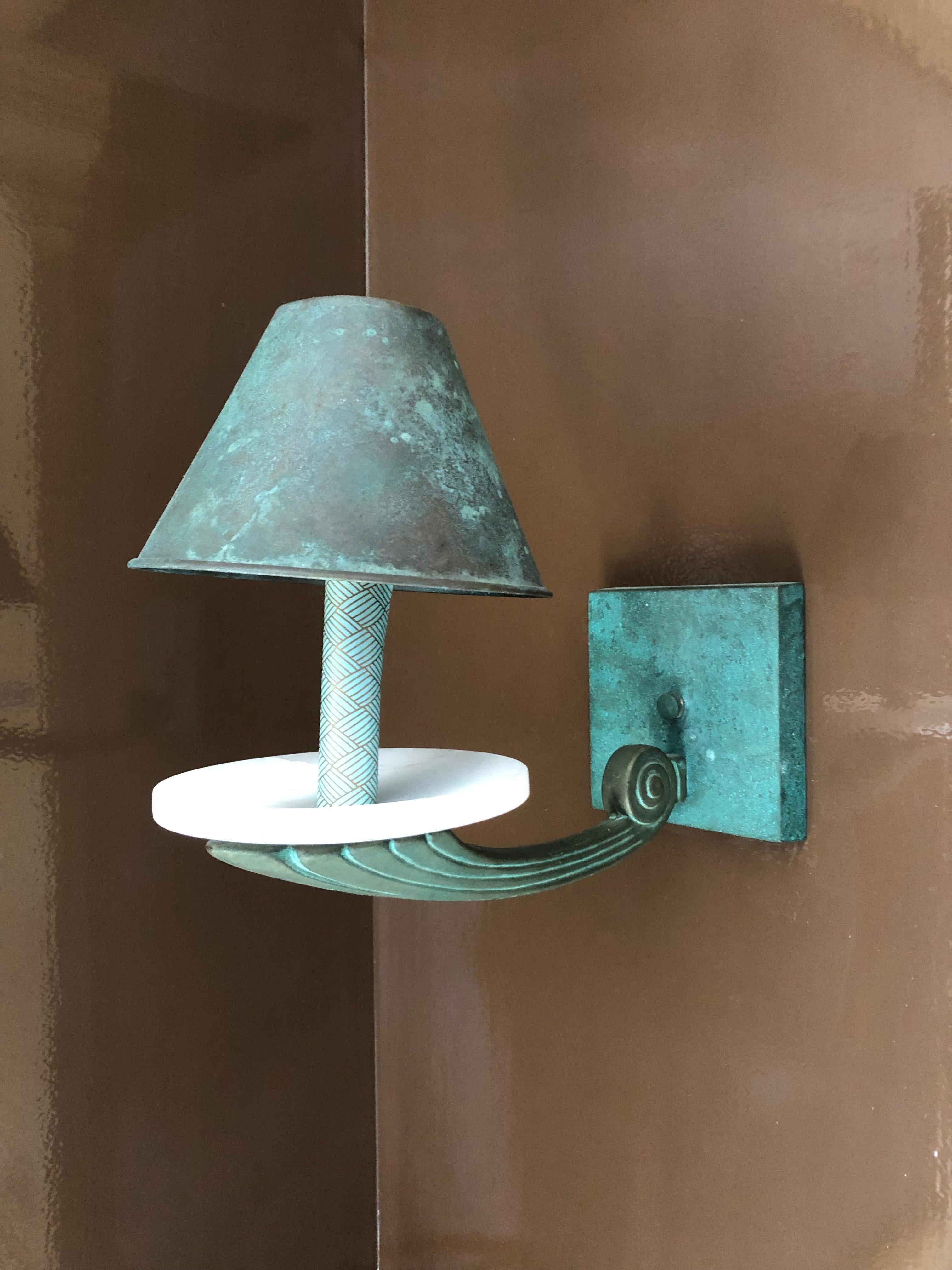 Gorgeous Turquoise Patinated Copper and Alabaster Wall Sconce For Sale 2