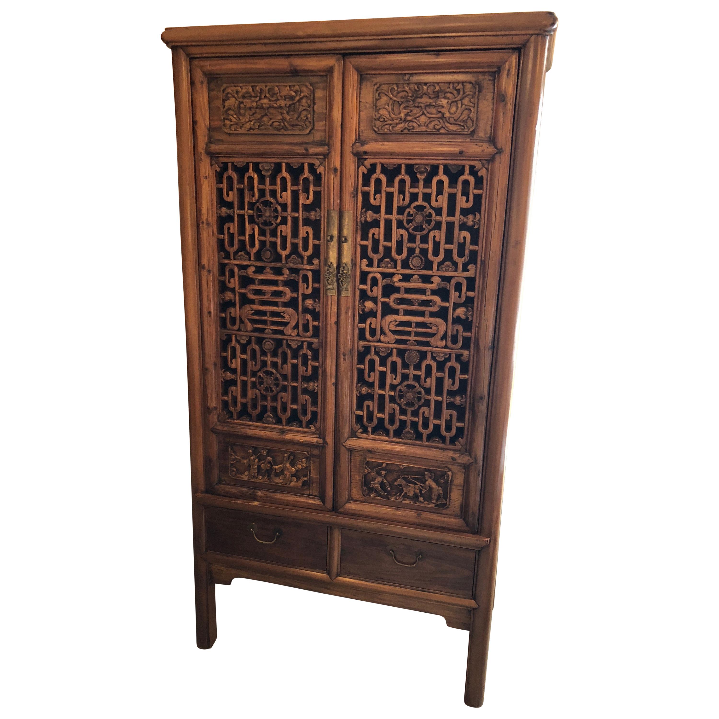 Gorgeous Two-Door Chinese Carved Wood Cabinet