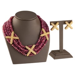 Vintage Gorgeous, Unique 600 ct Ruby Bead 18k Yellow Gold "X" Strand Set 13.5 TDW