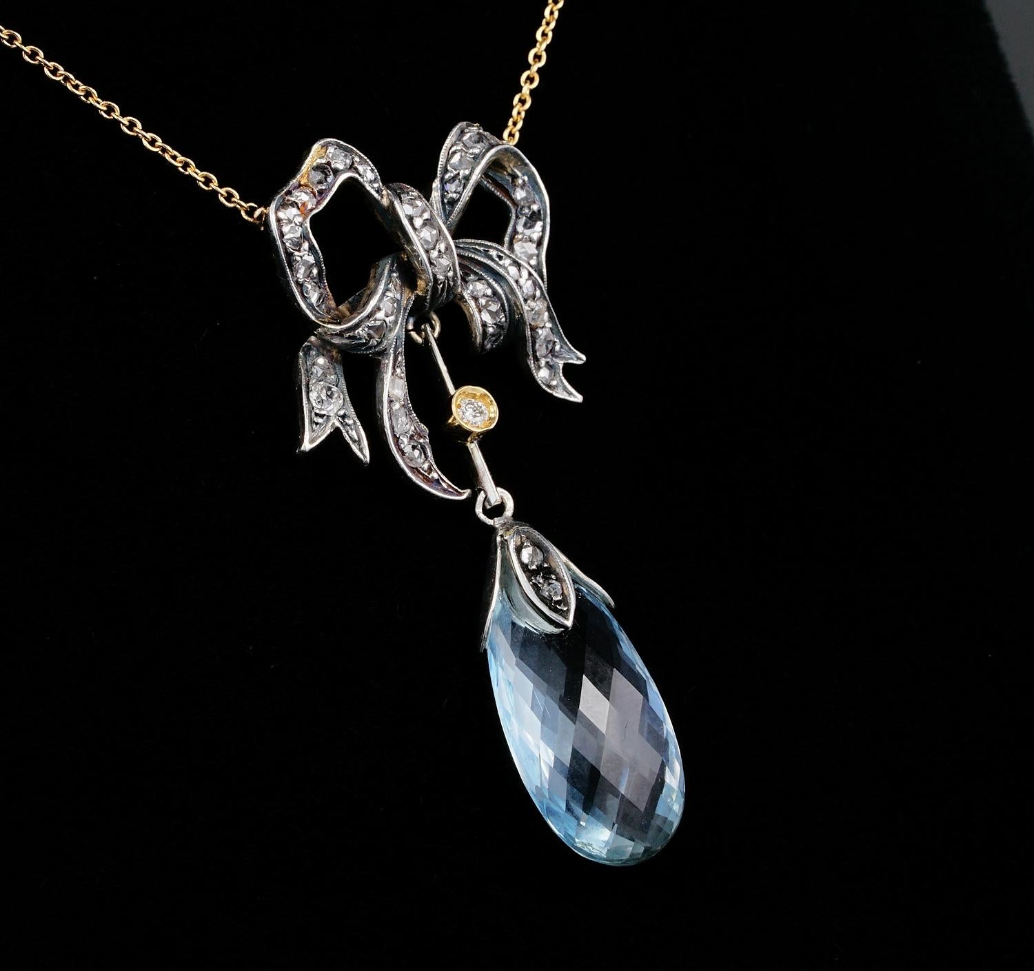 Women's Gorgeous Victorian 10.30 Carat Natural Aquamarine Diamond Bow Necklace