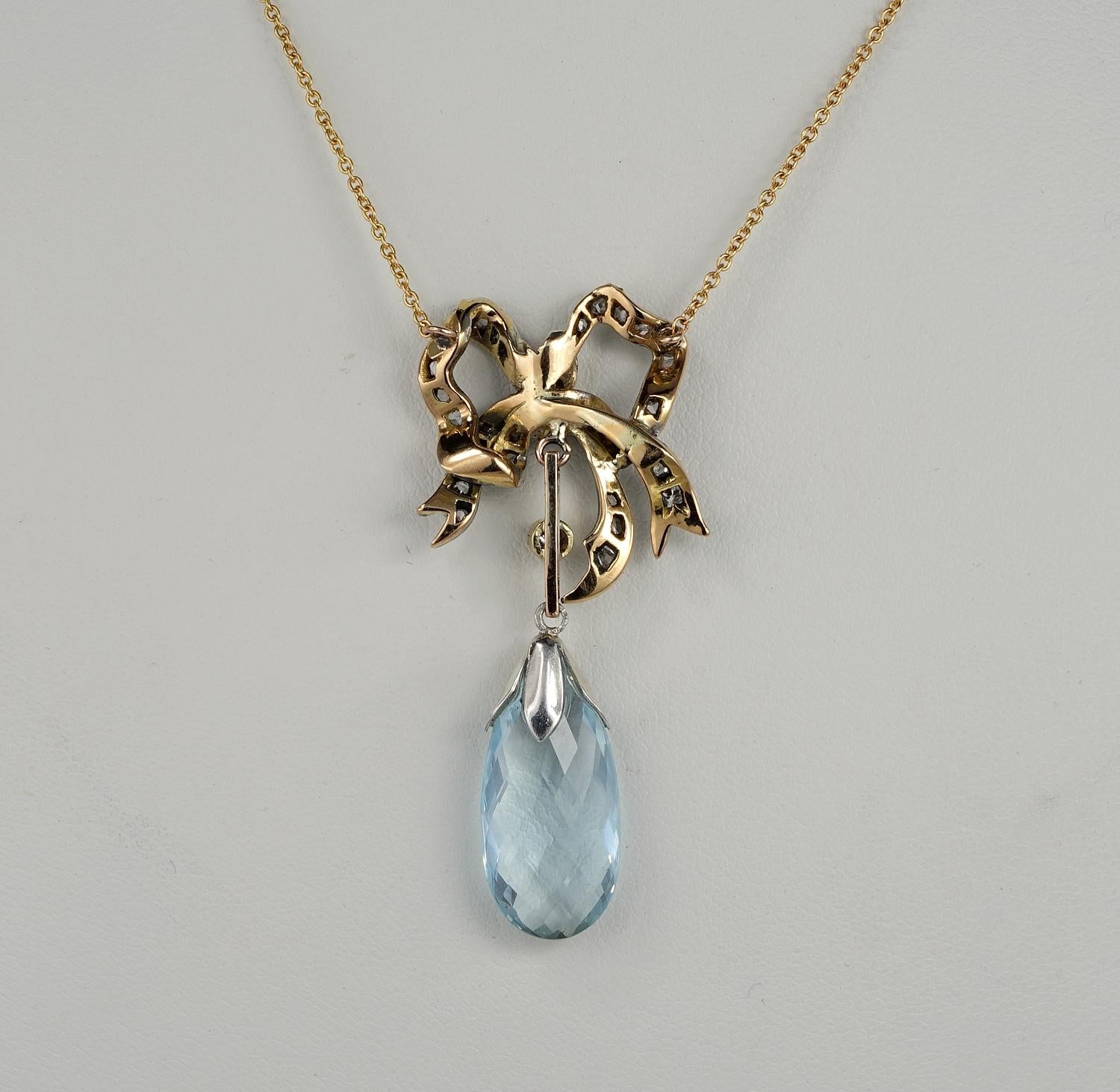 Gorgeous Victorian 10.30 Carat Natural Aquamarine Diamond Bow Necklace 3