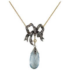 Antique Gorgeous Victorian 10.30 Carat Natural Aquamarine Diamond Bow Necklace