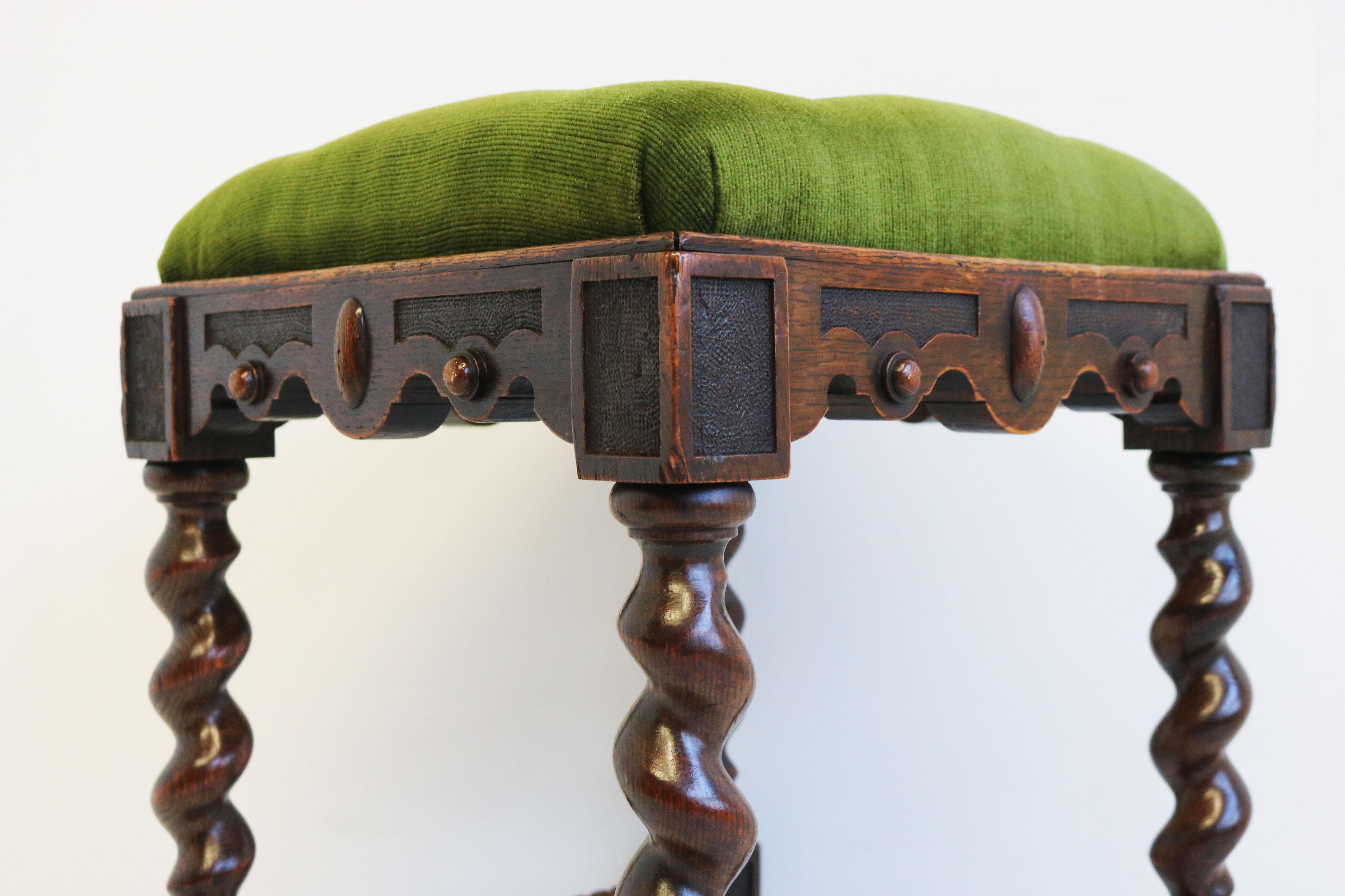 Gorgeous & stylish ! This 19th century Victorian / renaissance revival Stool. 
Fully carved out of solid oak with many decorated carvings , unique feet & barley twisted legs. 
Original upholstery in amazing condition with padded green velvet.