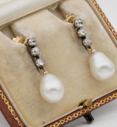 Gorgeous Victorian .80 Carat Diamond Salt Water Antique Pearl Earrings