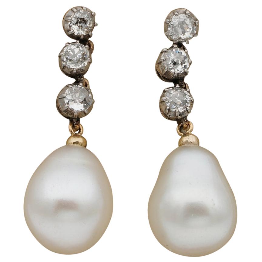 Gorgeous Victorian .80 Carat Diamond Salt Water Antique Pearl Earrings