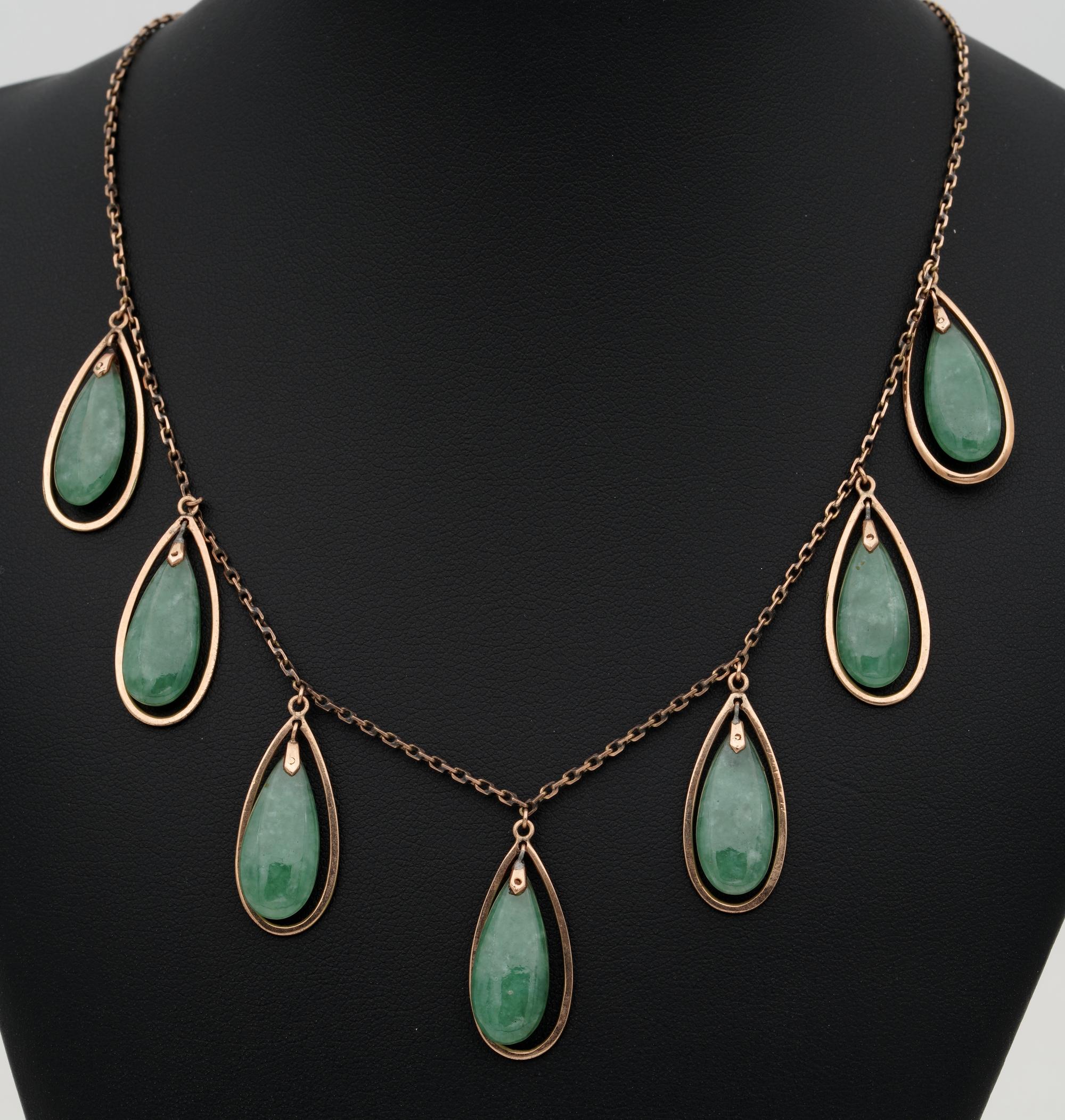 This is so Beautiful!

For sale this delightful genuine Victorian 14 KT solid gold necklace
Consisting of multi drops of 100% Natural Jade mounted on 14 KT gold
Jade is not impregnated or tinted but totally natural lovely medium apple green
Drops