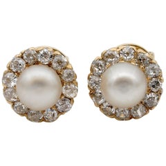 Antique Gorgeous Victorian Salt Water Natural Pearl .75 CT Old Mine Cut Diamond Earrings