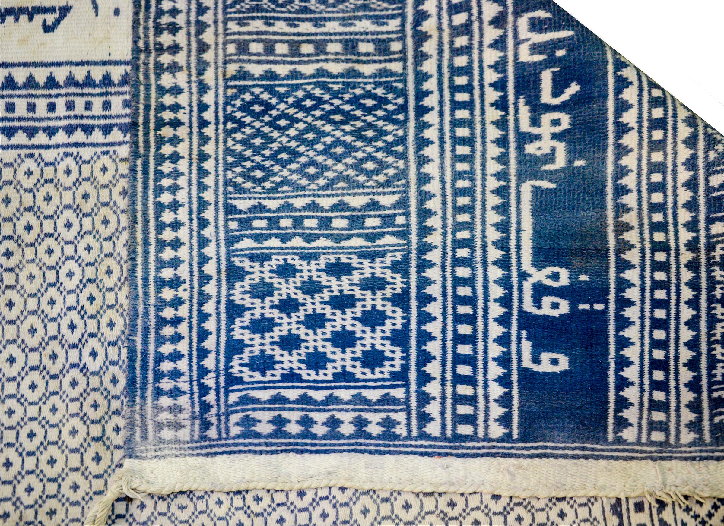 Gorgeous Vintage Blue and White Yadz Kilim Rug For Sale 7