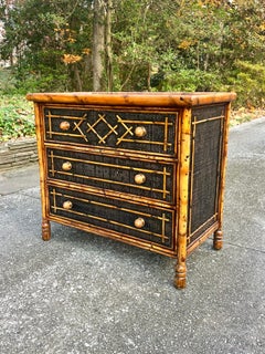 Gorgeous Weathered Ebony Cane Rattan Bamboo Chest - Pair Available