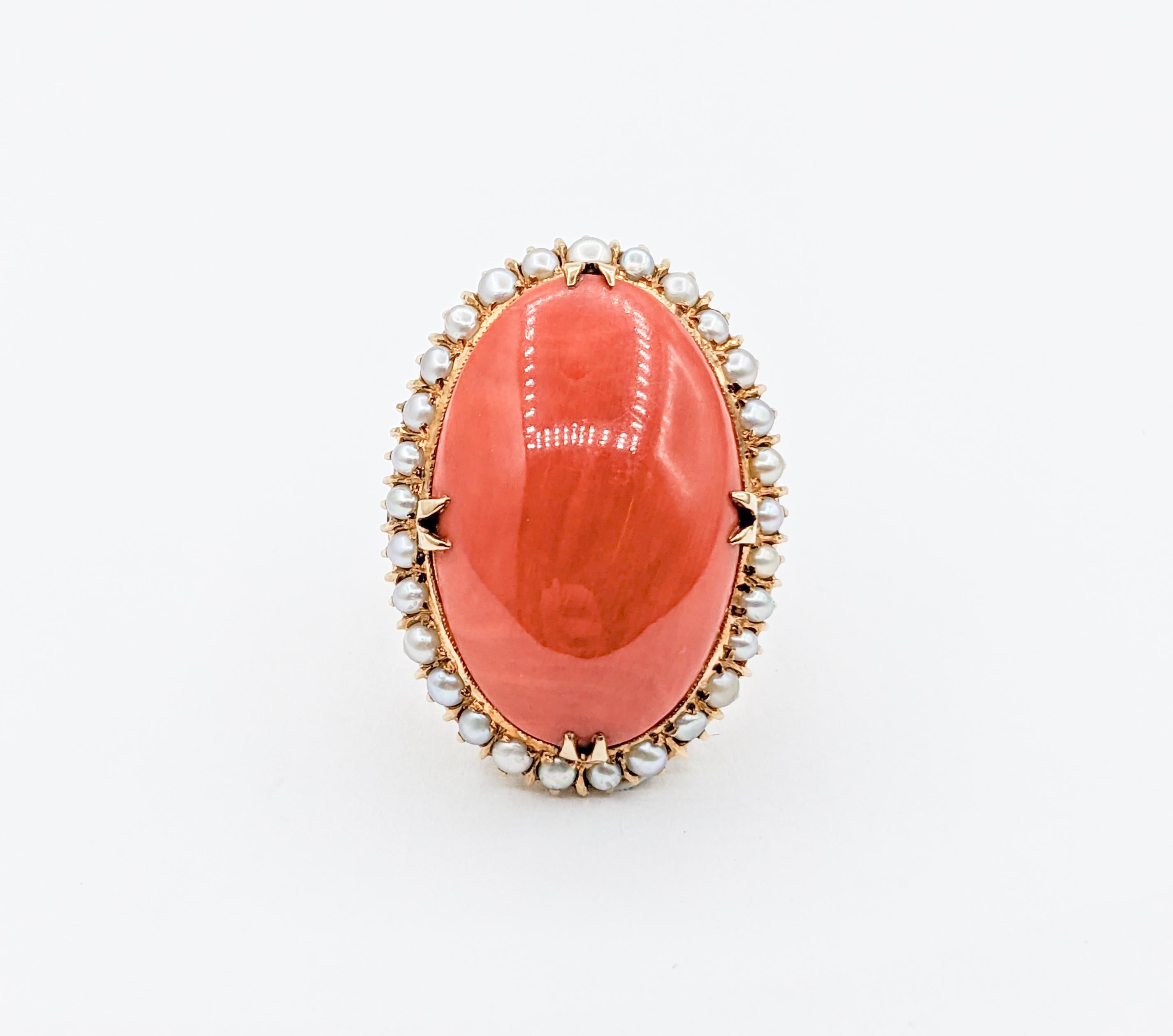 Gorgeous Vintage Coral Cocktail Ring with Pearl Halo in 18k Yellow Gold For Sale 4
