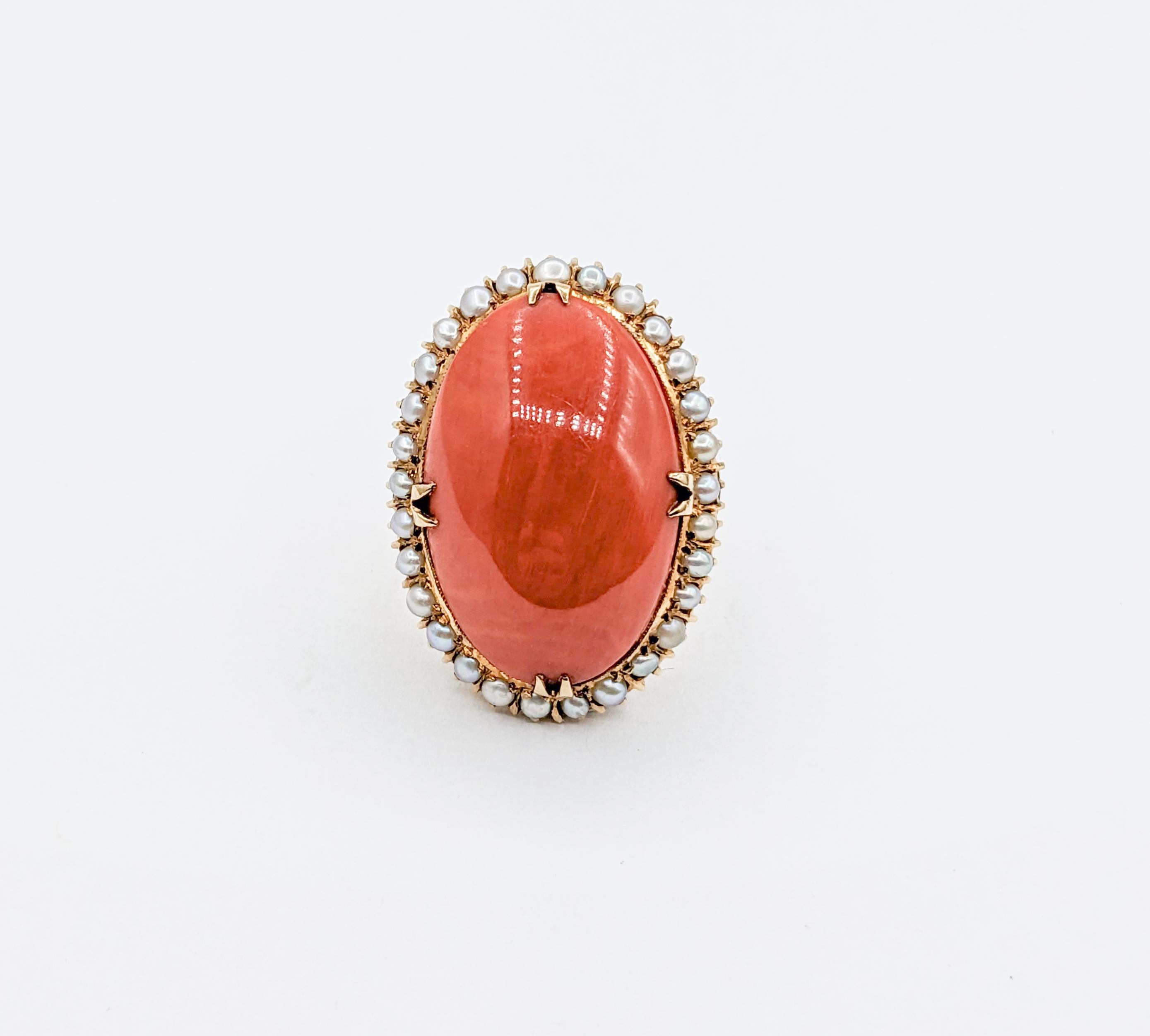 Gorgeous Vintage Coral Cocktail Ring with Pearl Halo in 18k Yellow Gold For Sale 5