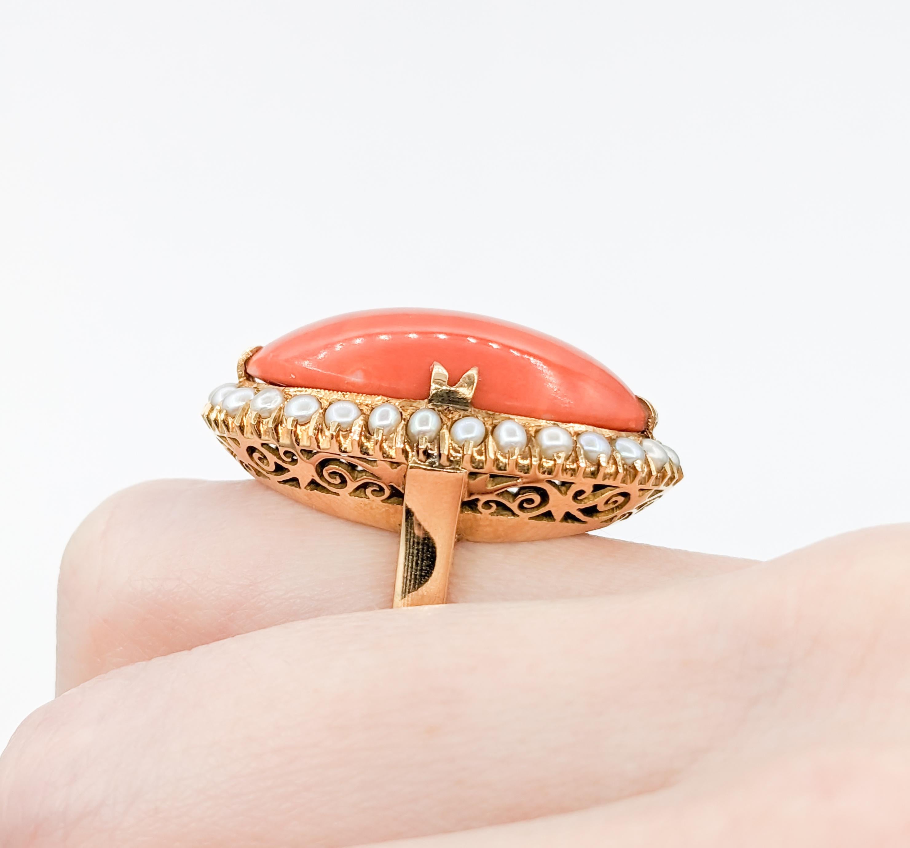 Revival Gorgeous Vintage Coral Cocktail Ring with Pearl Halo in 18k Yellow Gold For Sale