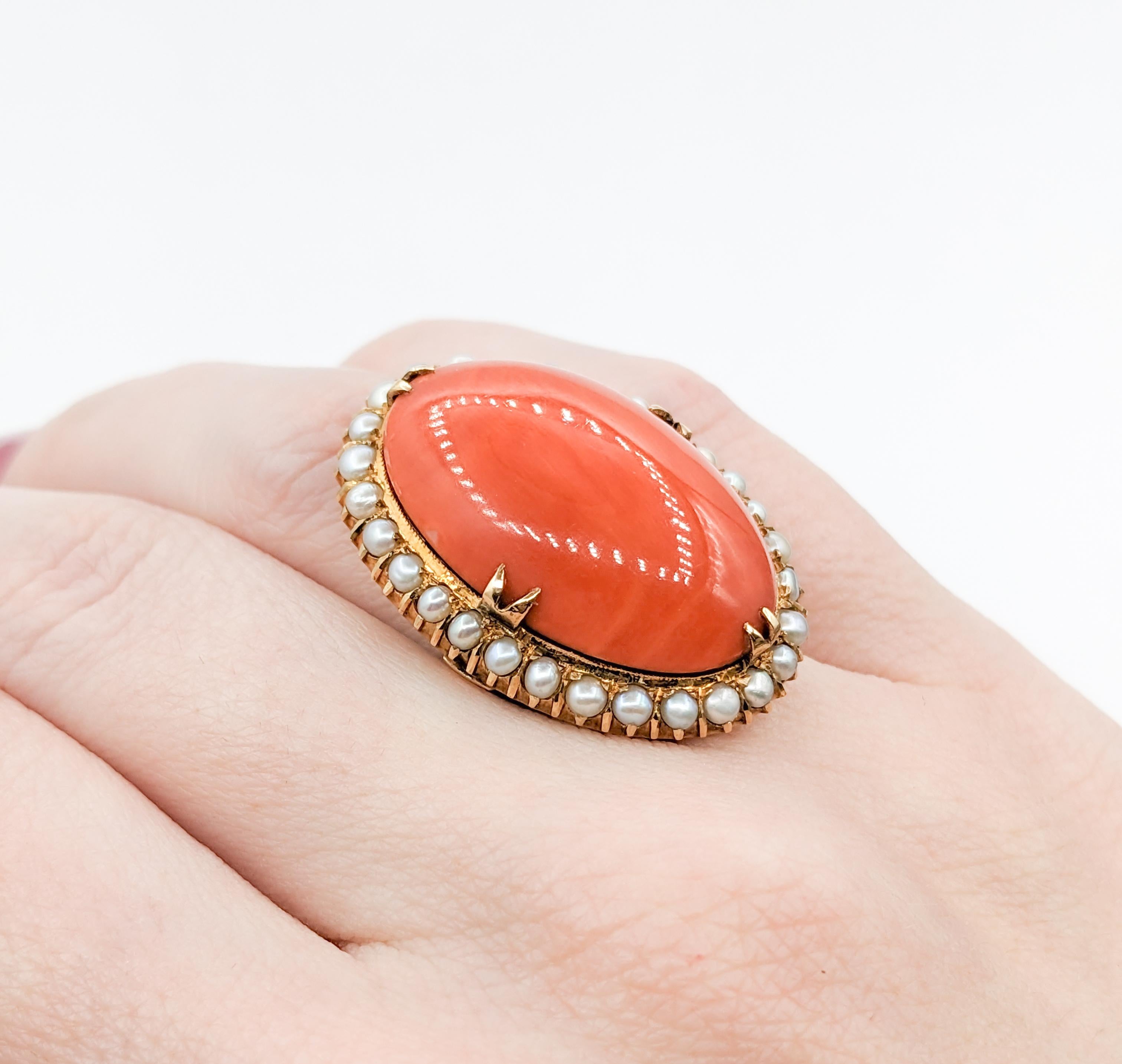 Cabochon Gorgeous Vintage Coral Cocktail Ring with Pearl Halo in 18k Yellow Gold For Sale