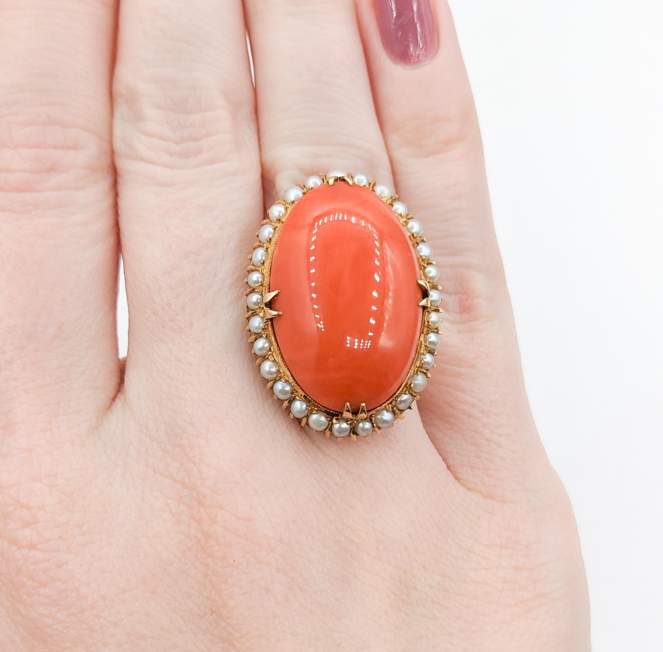 Gorgeous Vintage Coral Cocktail Ring with Pearl Halo in 18k Yellow Gold In Excellent Condition For Sale In Bloomington, MN