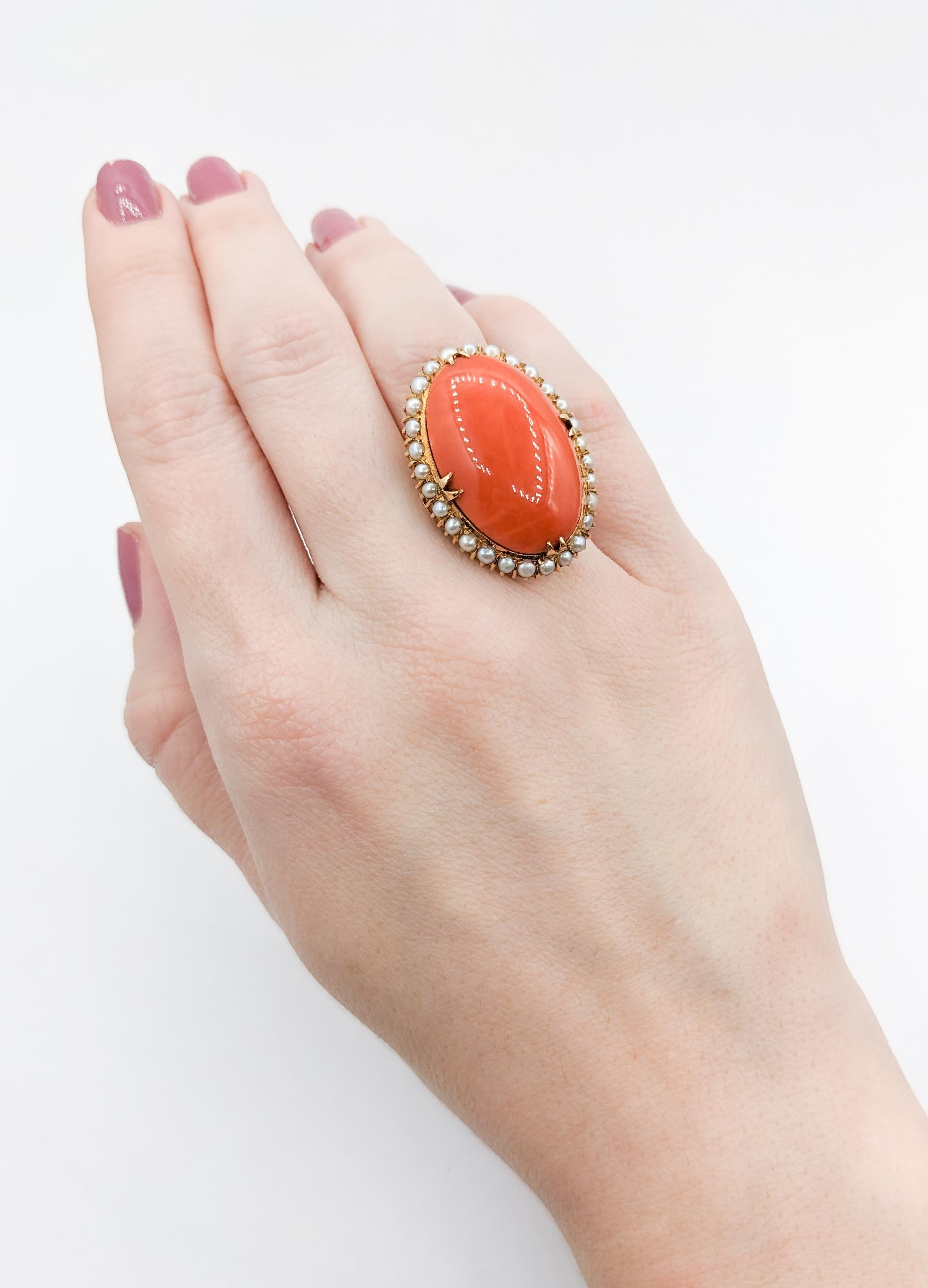 Women's or Men's Gorgeous Vintage Coral Cocktail Ring with Pearl Halo in 18k Yellow Gold For Sale