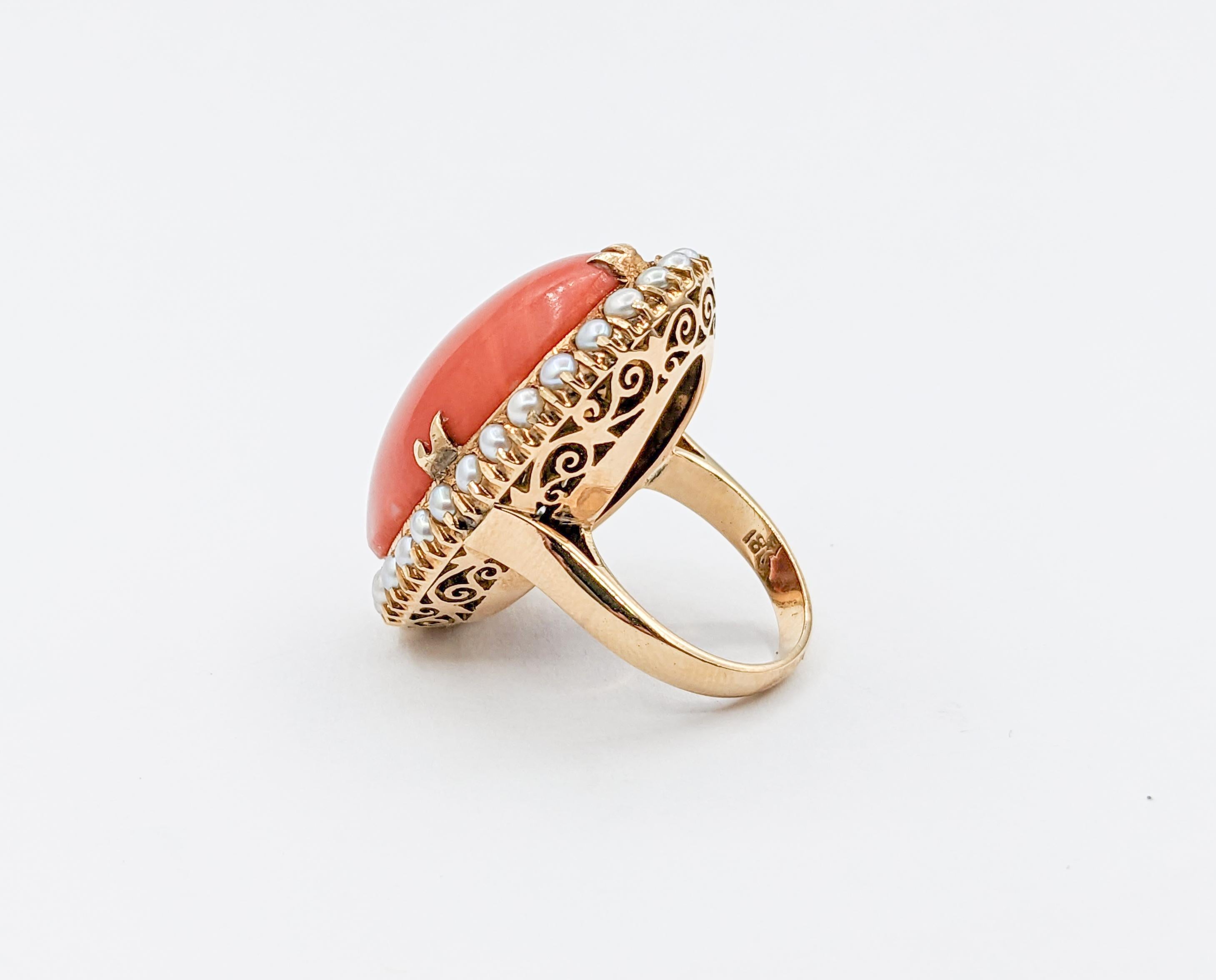 Gorgeous Vintage Coral Cocktail Ring with Pearl Halo in 18k Yellow Gold For Sale 1