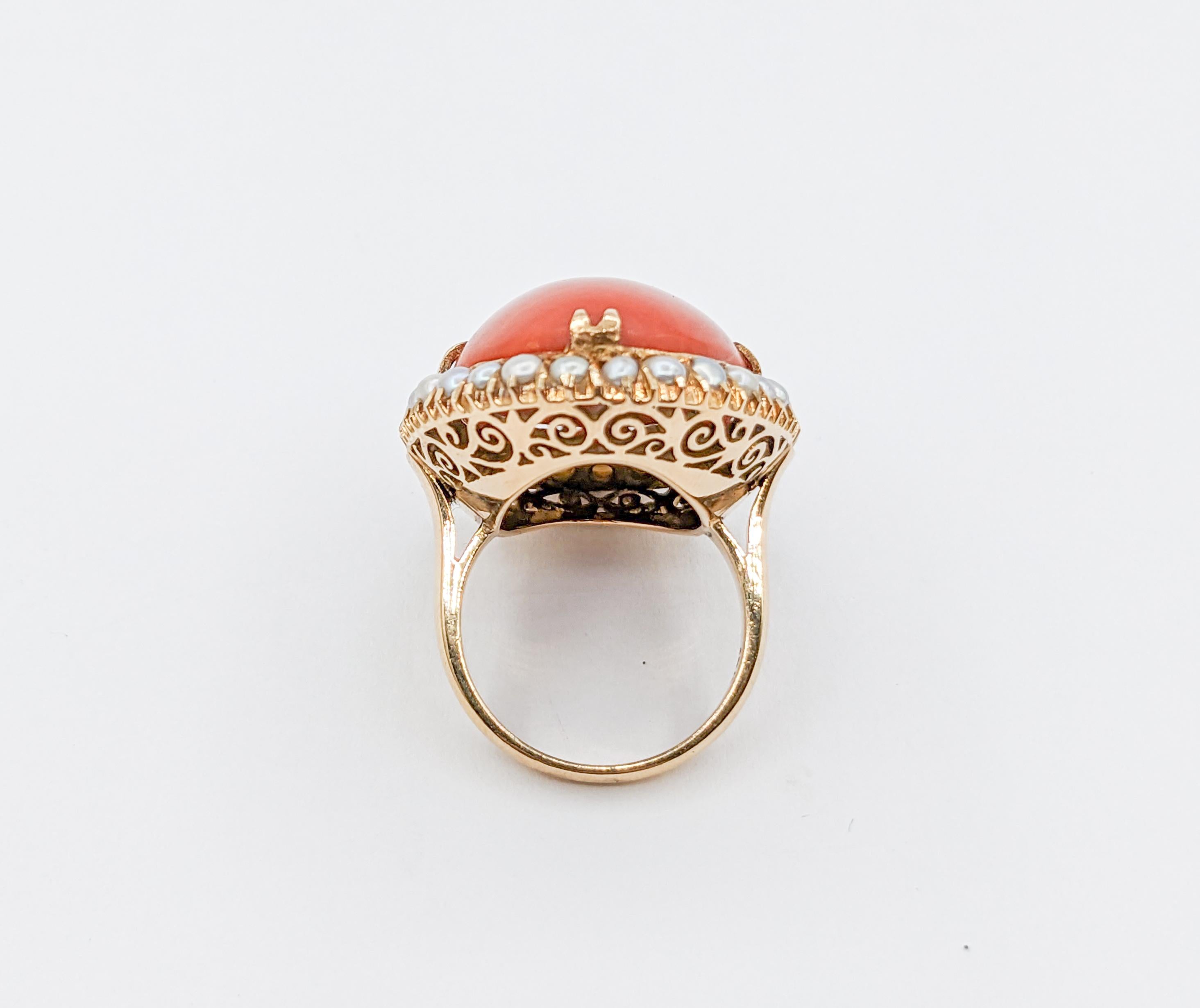 Gorgeous Vintage Coral Cocktail Ring with Pearl Halo in 18k Yellow Gold For Sale 2