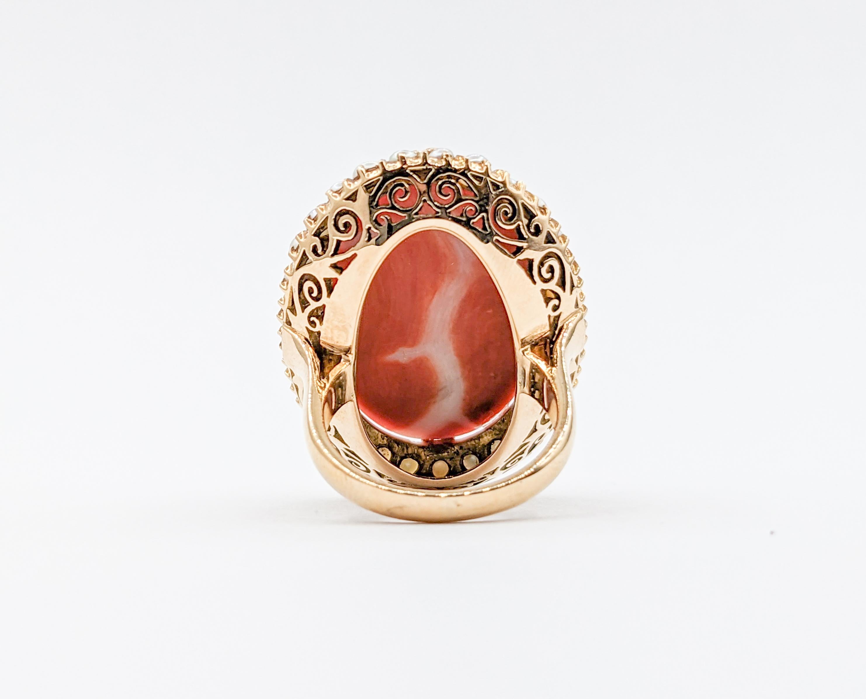 Gorgeous Vintage Coral Cocktail Ring with Pearl Halo in 18k Yellow Gold For Sale 3