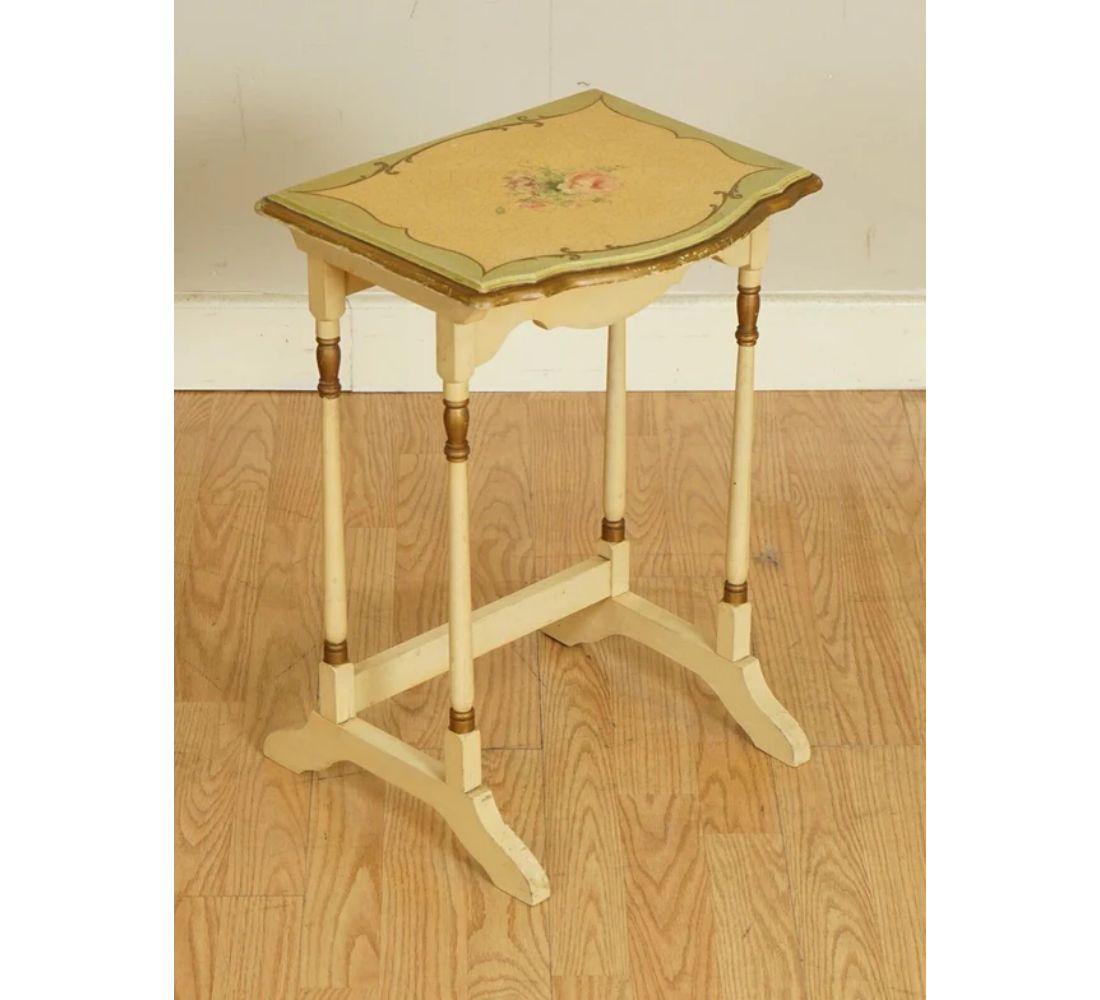 Gorgeous Vintage French Gold Leaf Hand Painted Floral Nest of Tables For Sale 4