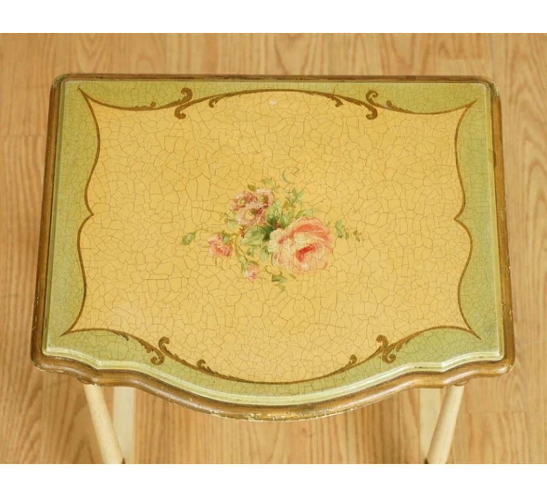 Gorgeous Vintage French Gold Leaf Hand Painted Floral Nest of Tables For Sale 5