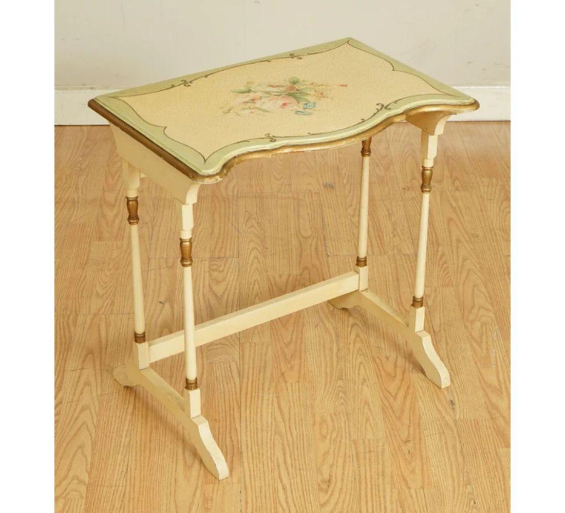 Pine Gorgeous Vintage French Gold Leaf Hand Painted Floral Nest of Tables For Sale