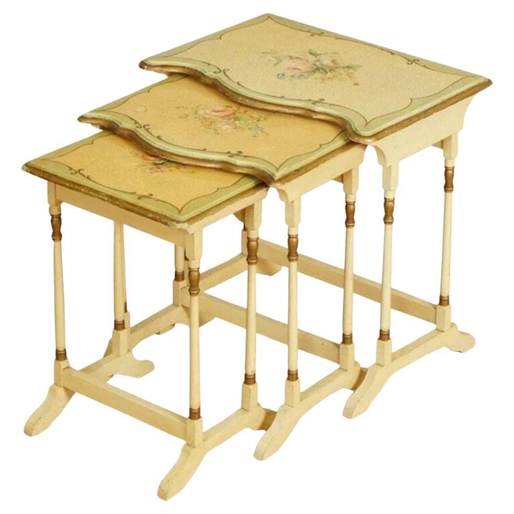 Gorgeous Vintage French Gold Leaf Hand Painted Floral Nest of Tables For Sale