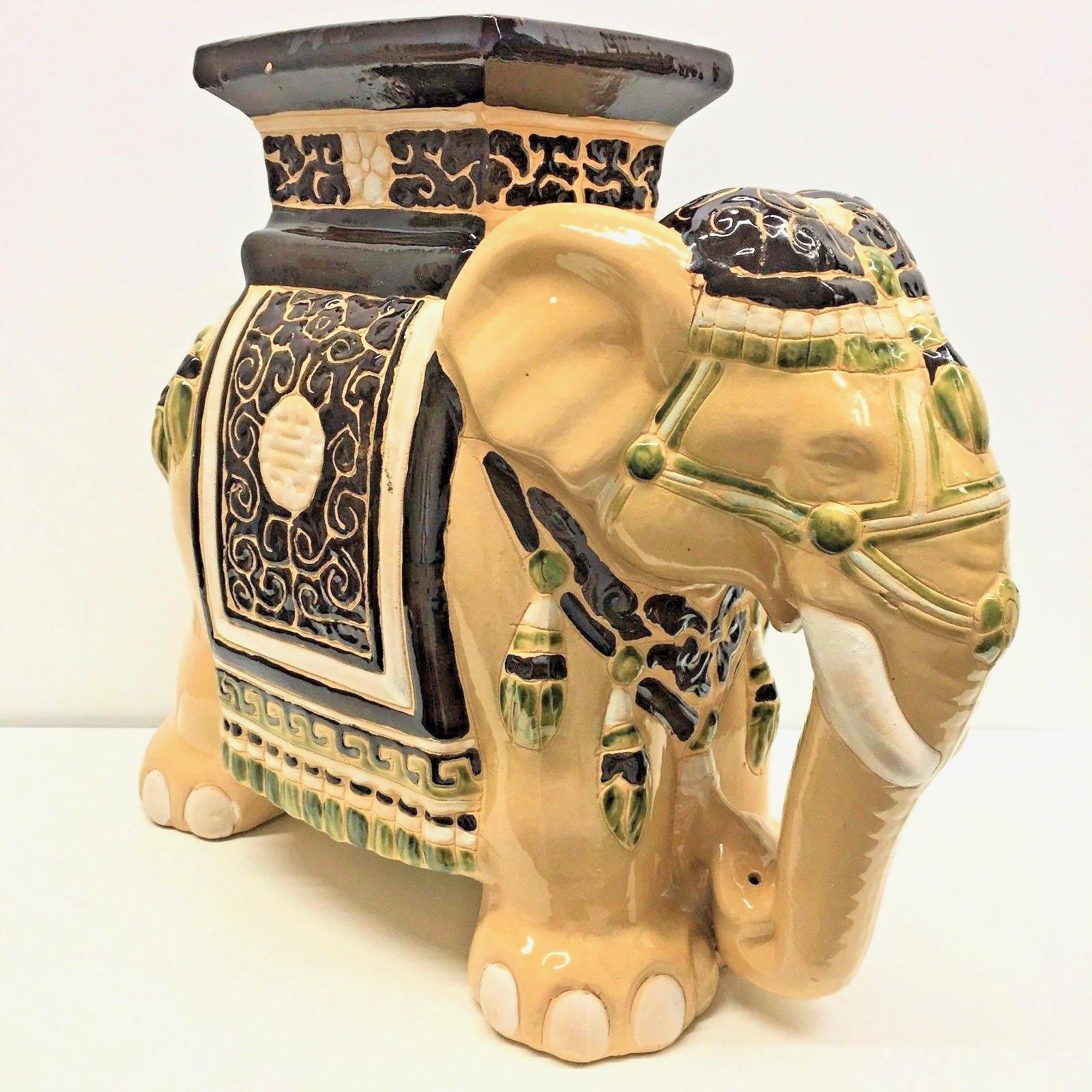 Mid-20th century glazed ceramic elephant garden stool, flower pot seat or side table. Handmade of ceramic. Nice addition to your home, patio or garden.
    