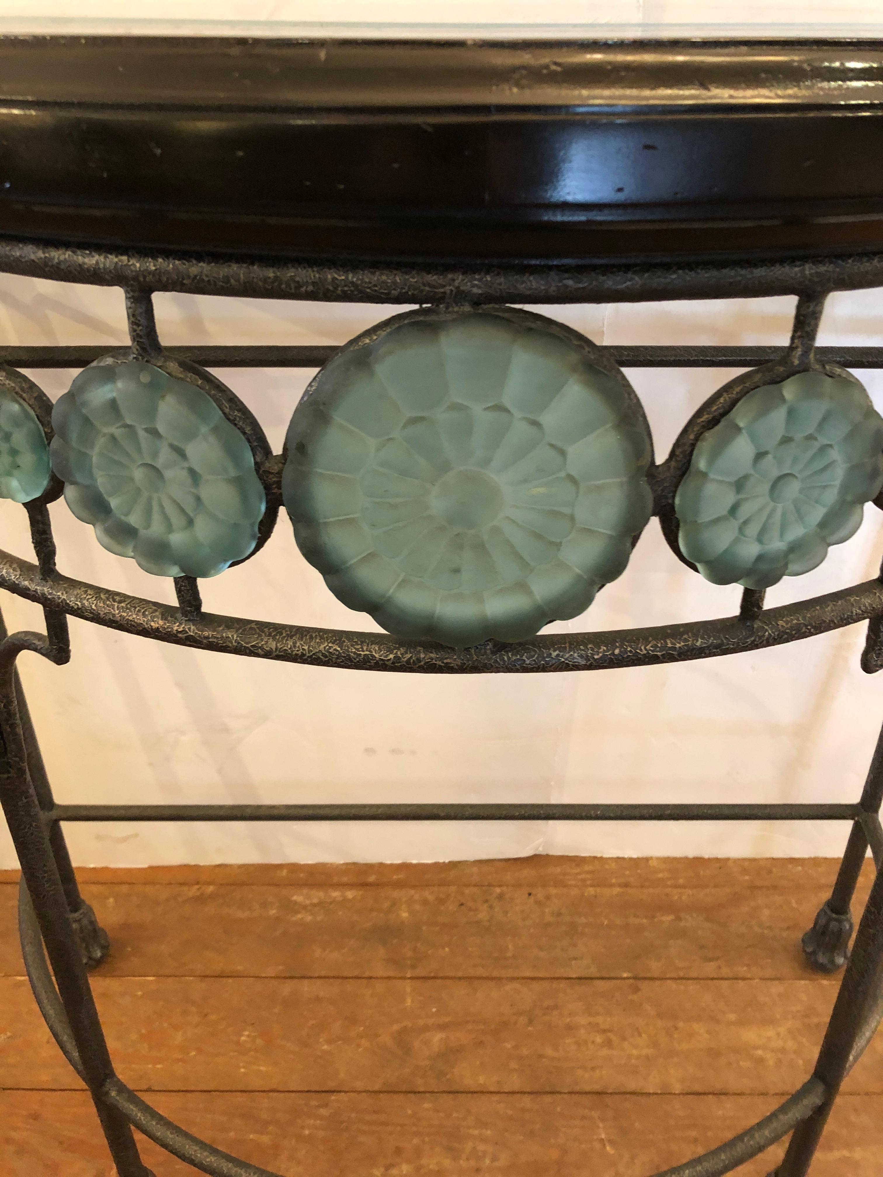 Late 20th Century Gorgeous Vintage Iron Demilune Console Table with Glass Celadon Green Rosettes