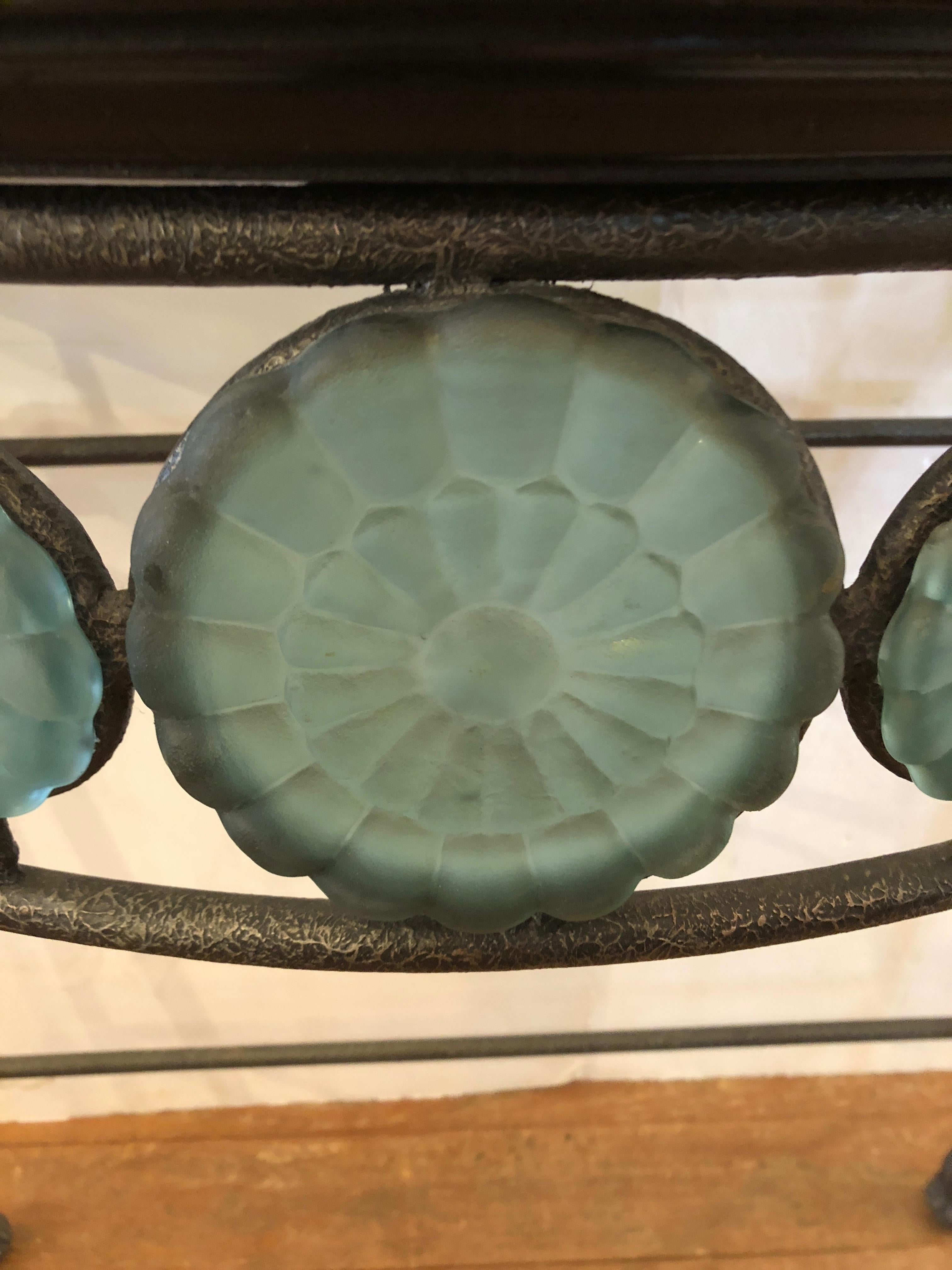 Gorgeous Vintage Iron Demilune Console Table with Glass Celadon Green Rosettes 1