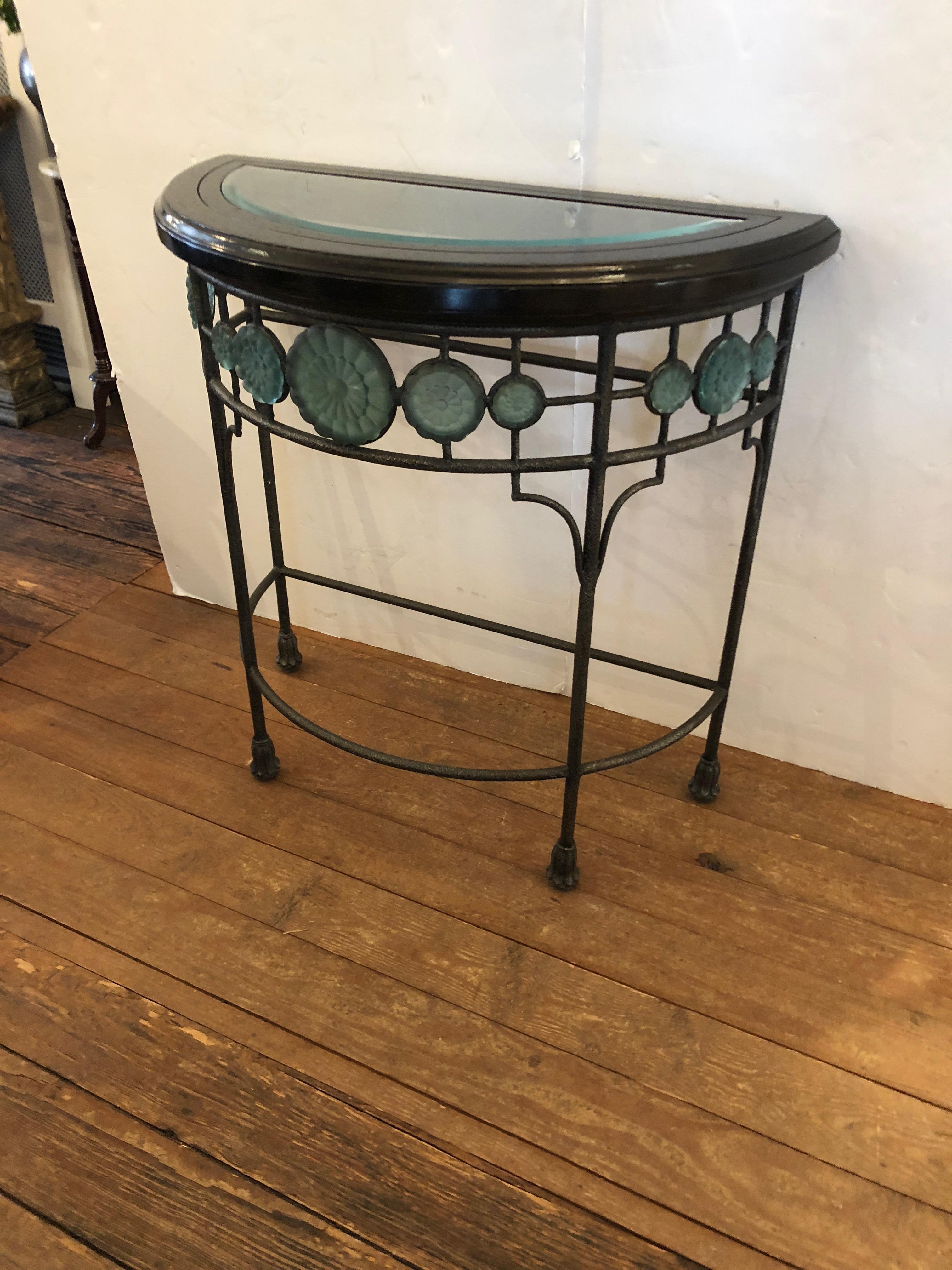 Gorgeous Vintage Iron Demilune Console Table with Glass Celadon Green Rosettes 2