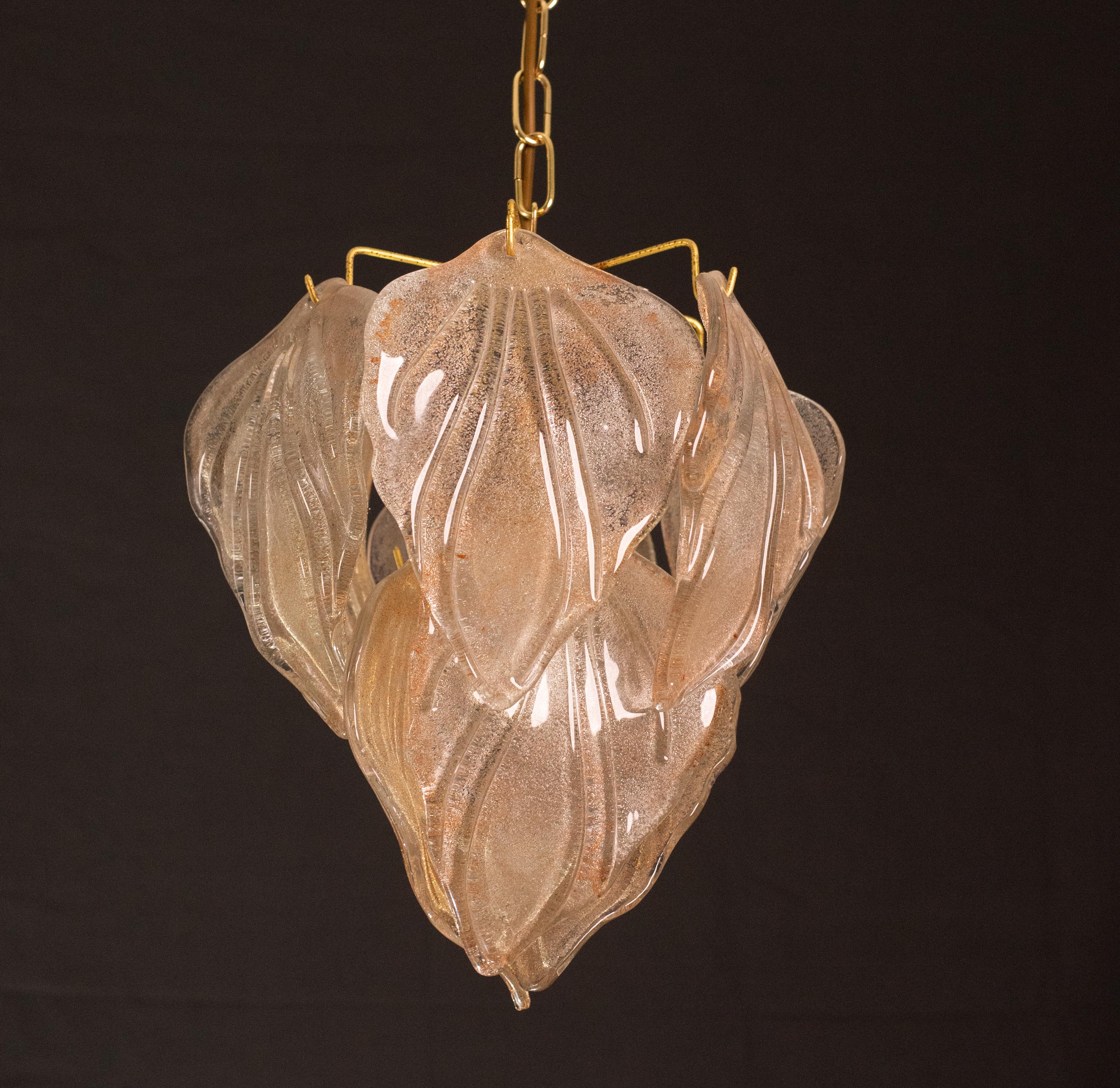 Murano Glass Gorgeous vintage Murano chandelier with leaves of orange and pink highlights For Sale