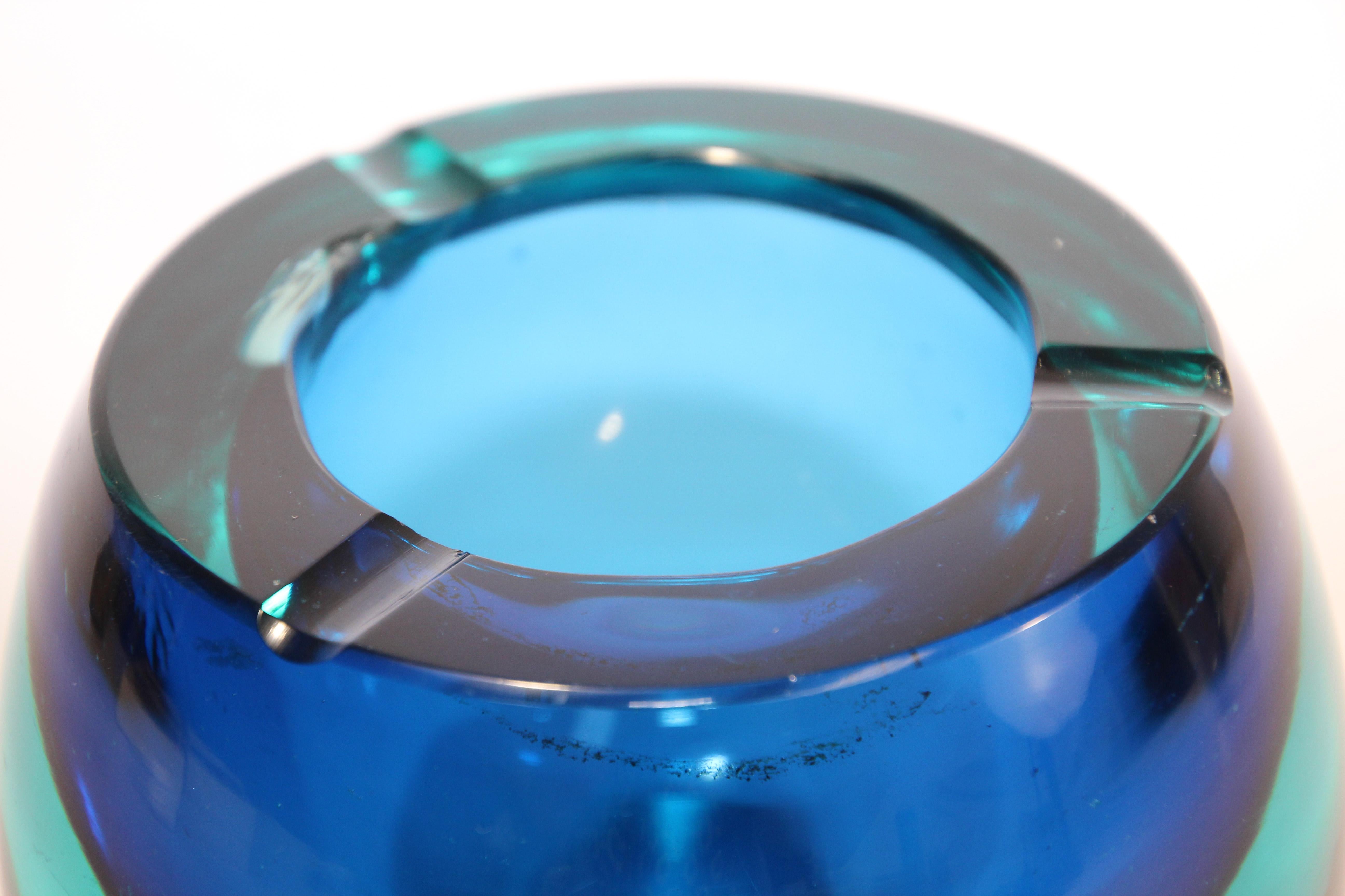 20th Century Vintage Murano Sommerso Orb Blue Art Glass Ashtray For Sale