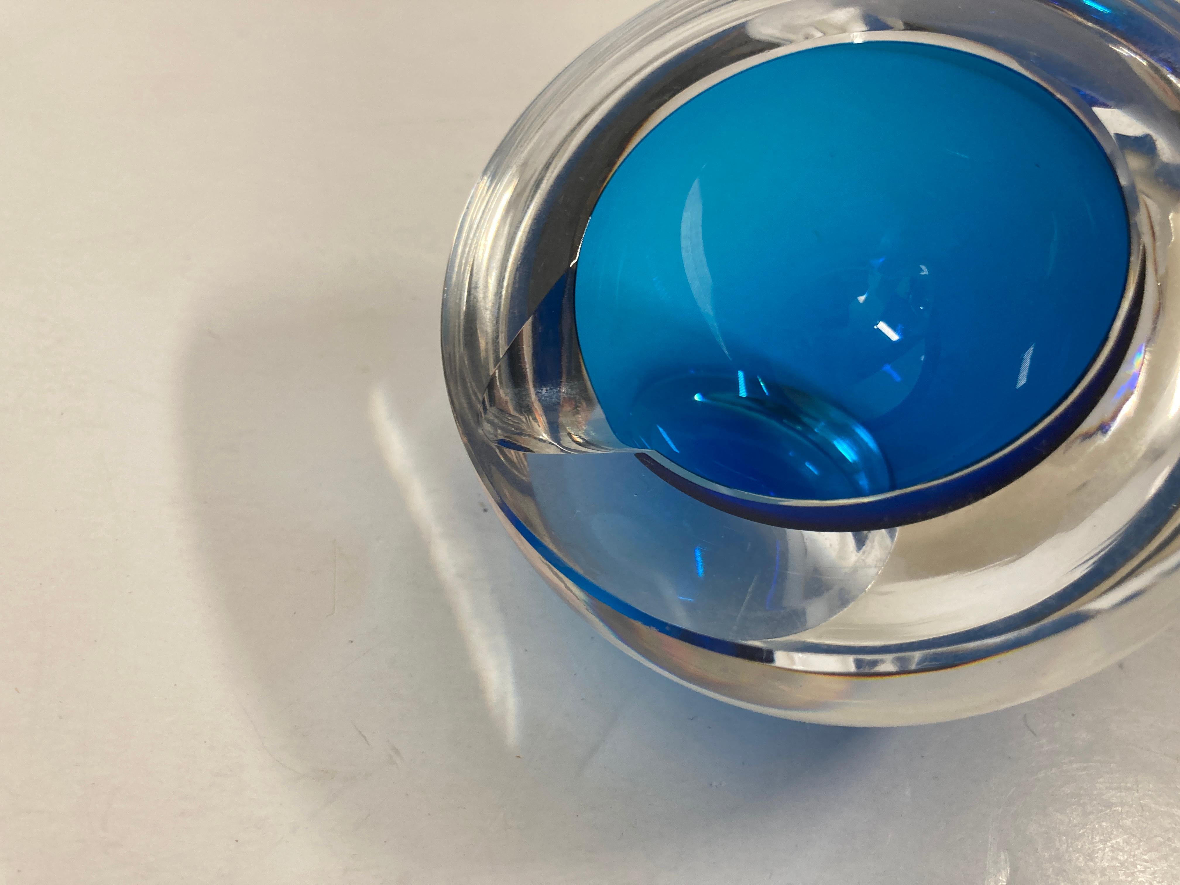 Blown Glass Murano Sommerso Orb Blue Art Glass Vintage Ashtray Italy For Sale