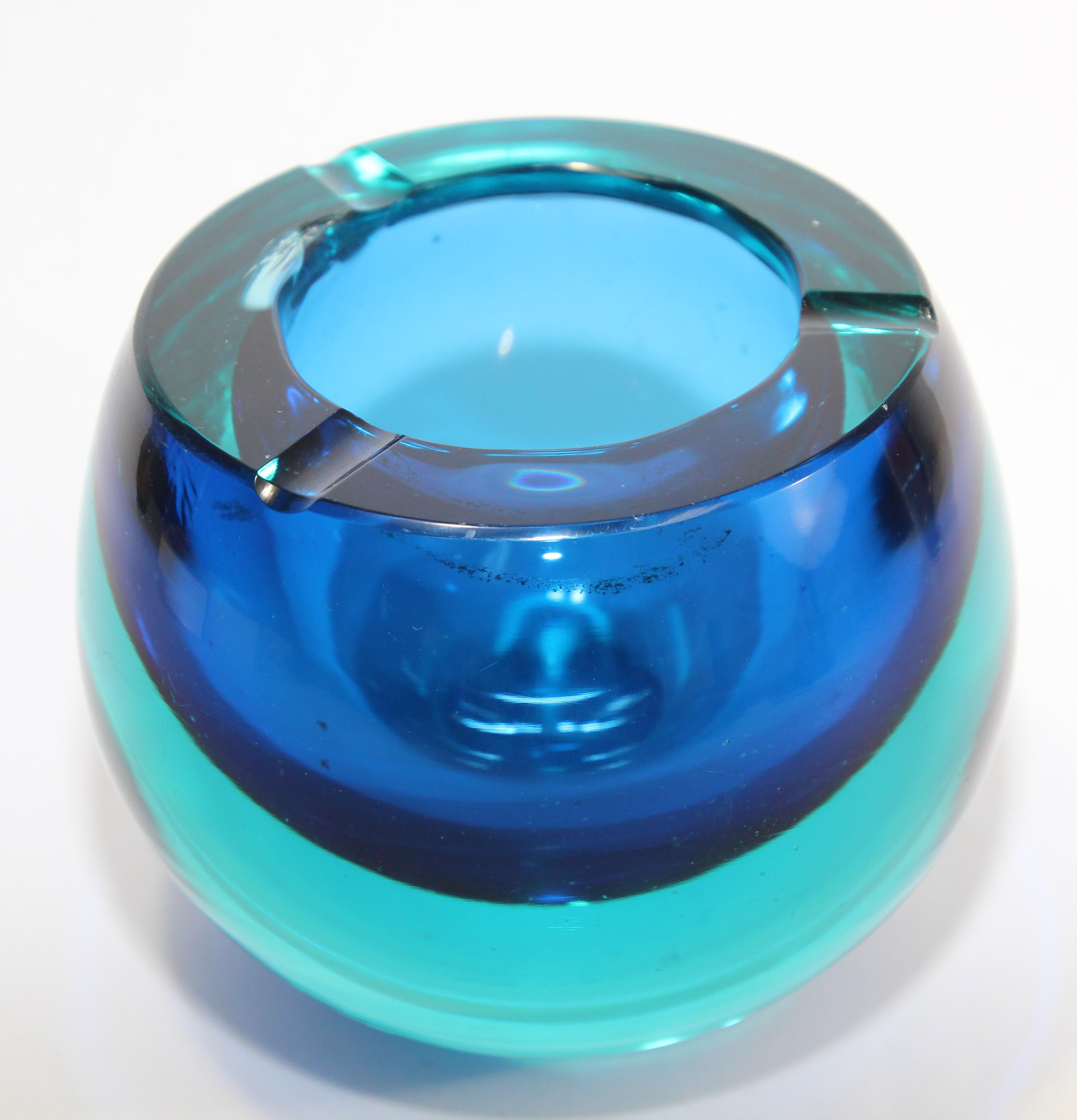 Blown Glass Vintage Murano Sommerso Orb Blue Art Glass Ashtray For Sale