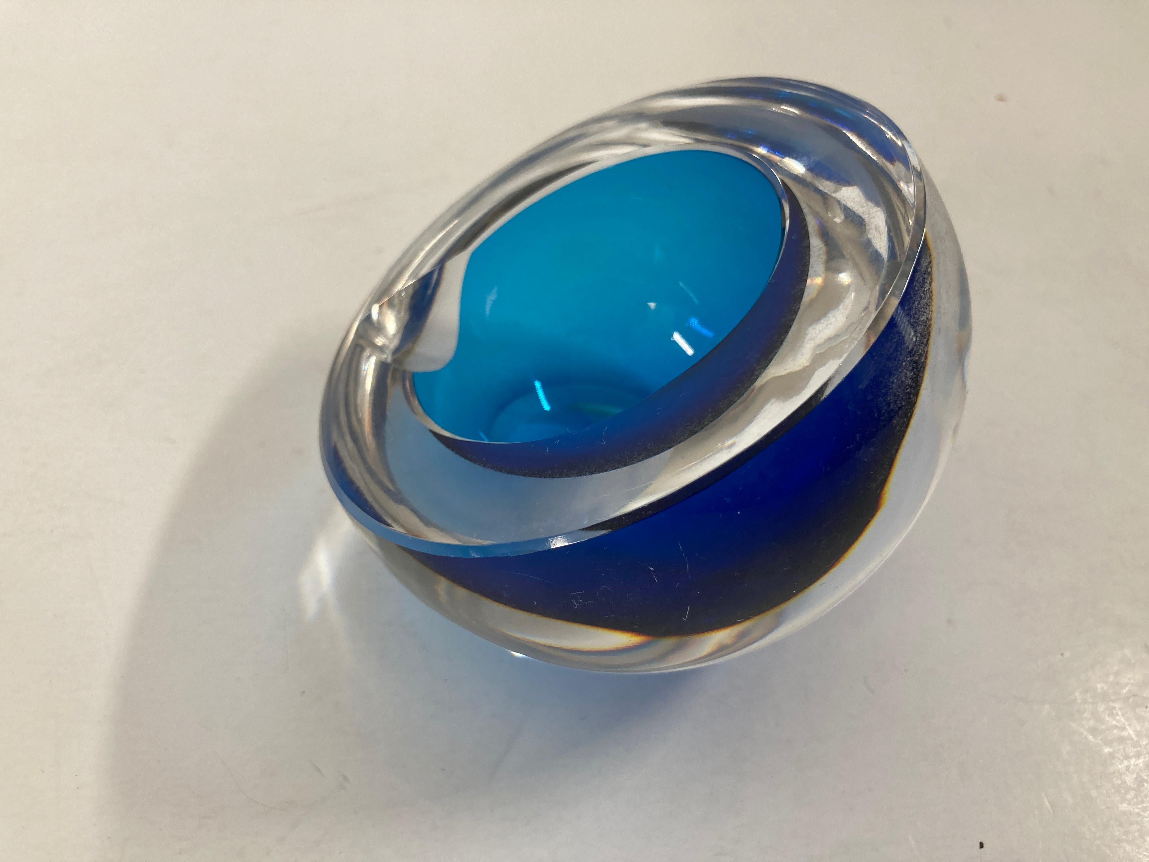 Hand-Crafted Murano Sommerso Orb Blue Art Glass Vintage Ashtray Italy For Sale