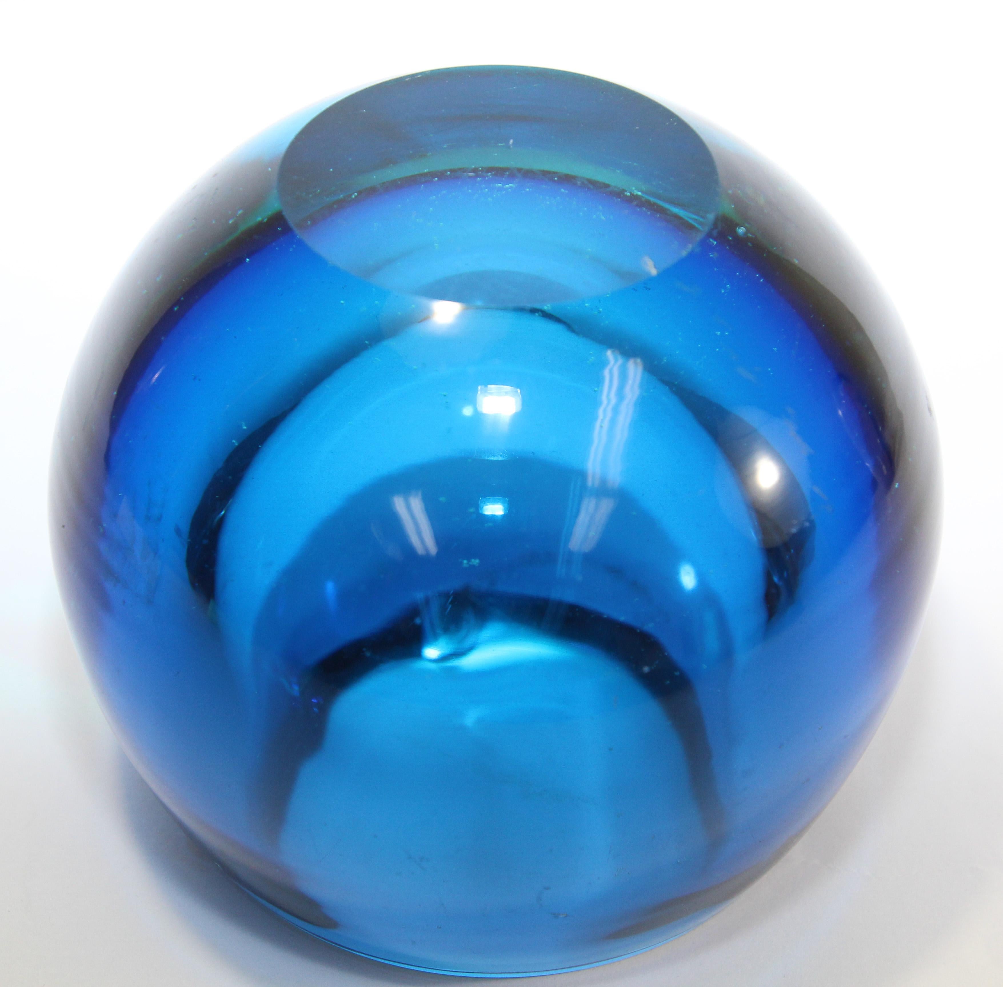 Hand-Crafted Vintage Murano Sommerso Orb Blue Art Glass Ashtray For Sale