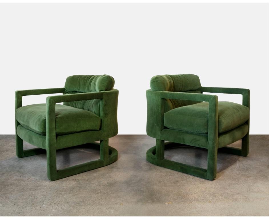 Pair of 1970's knockout sculptural chairs by Drexel, either in the style of or designed by Milo Baughman. Ideal for today's cosmopolitan interiors. Each fully upholstered chair embodies a distinctive round barrel design that curves into the