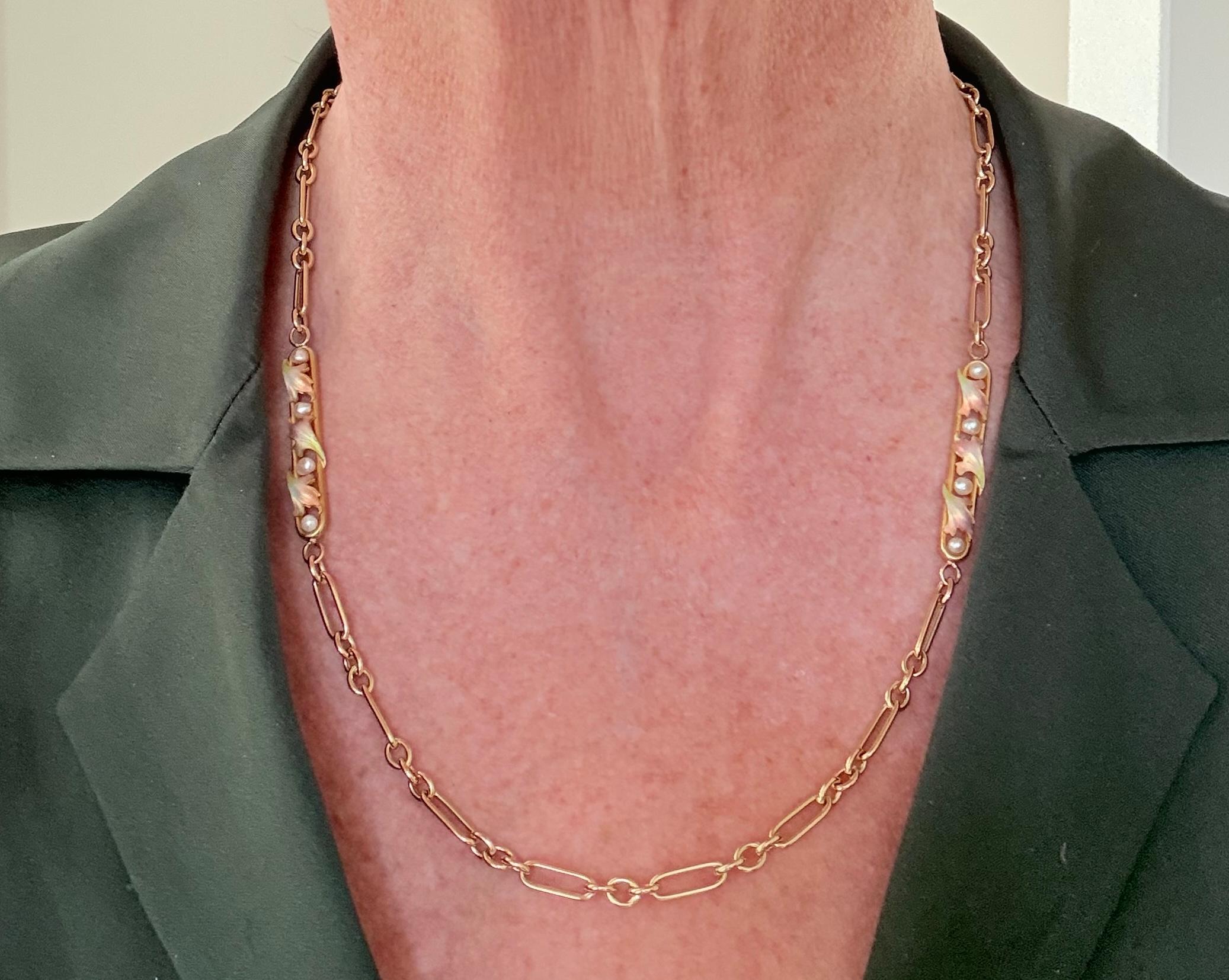 da uomo o donna Splendida catena vintage in oro giallo 14K/18K con perle e smalto, 19 i in vendita