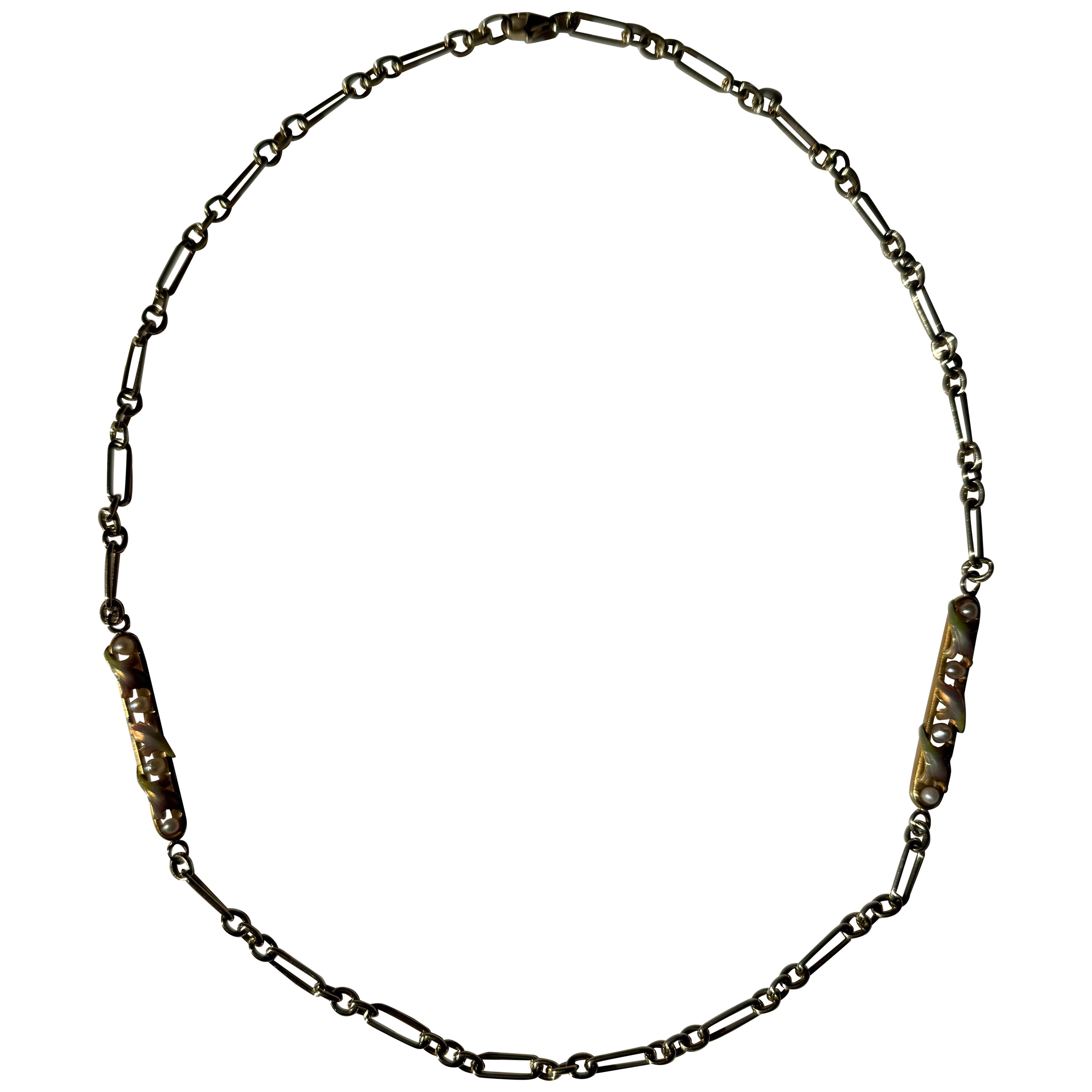 Splendida catena vintage in oro giallo 14K/18K con perle e smalto, 19 i in vendita